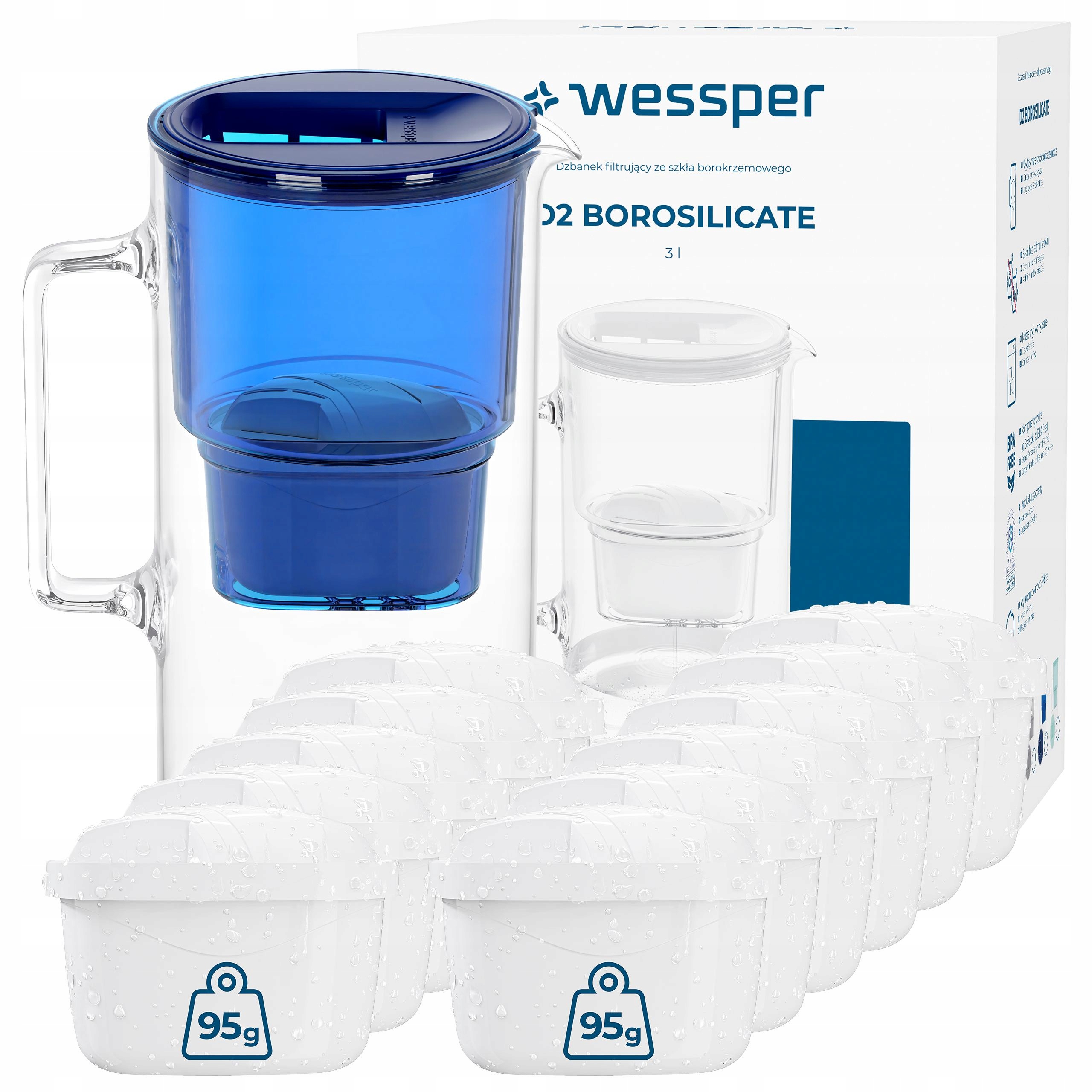 Skleněná Konvice Wessper D2 Borosilicate 3 l 12 x Filtrační Vložka Na Vodu Wessper