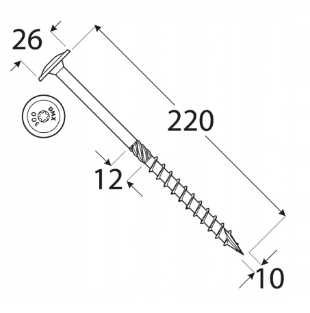 WKRĘTY CIESIELSKIE DO DREWNA 10x220 TORX ŁEB TALERZOWY PODKŁADKOWY DMX 25sz EAN (GTIN) 5907704425625