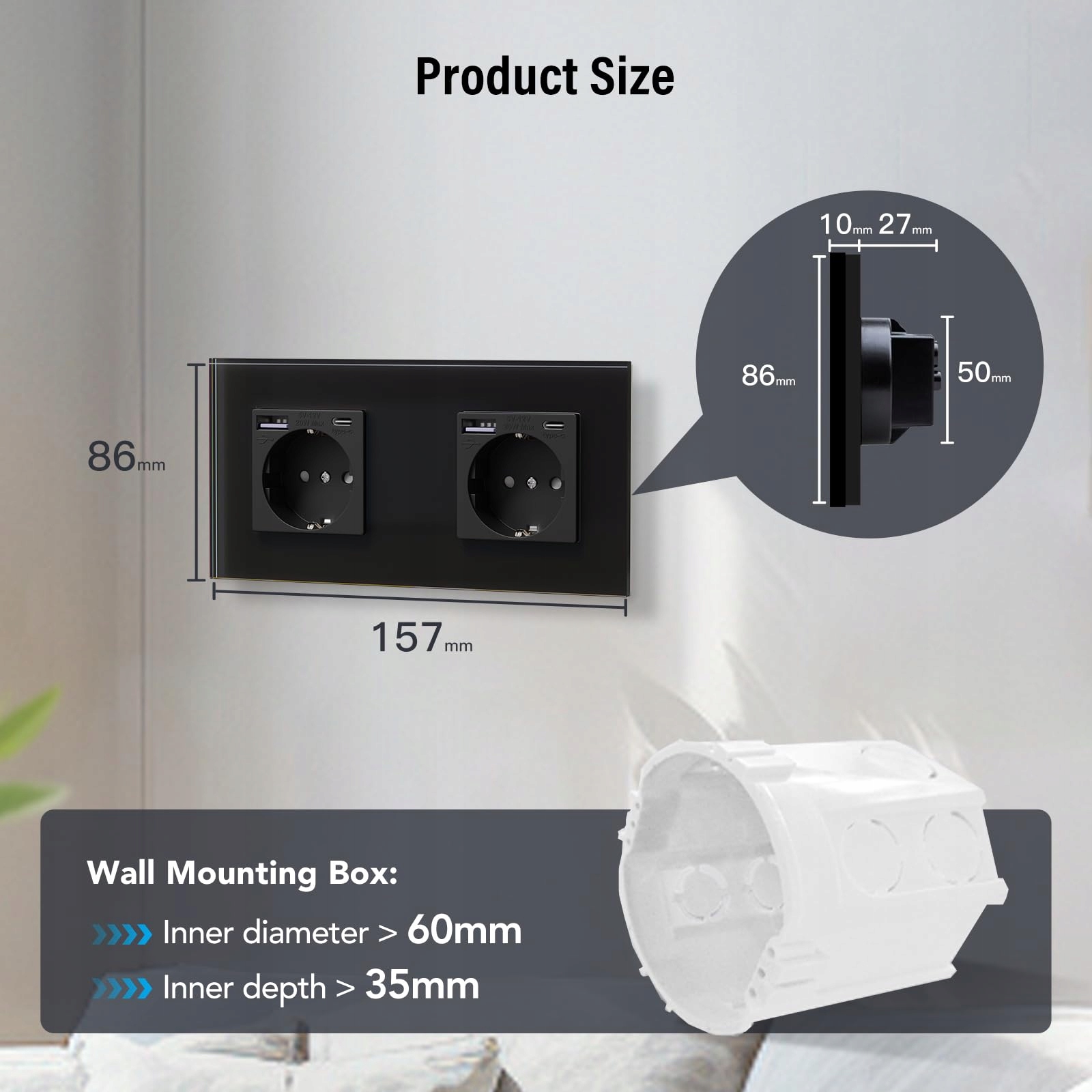 BSEED Podwójne Gniazdo Schuko USB Typ C Szybkie Ładowanie Czarny Szklany — miniatura 7