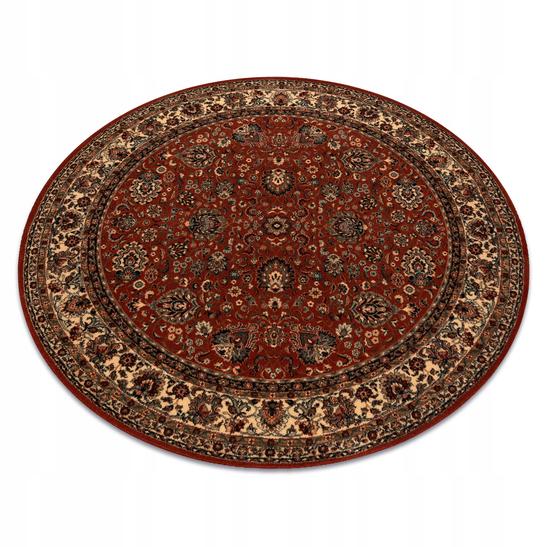 Wełniany Dywan Salonu Ornament Kwiaty Ramka Łączka beż/bordo koło 200 cm