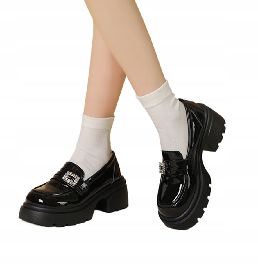 WYGODNE GRUBA PODESZWA CZARNE SKÓRZANE MOKASYNY DAMSKIE PÓŁBUTY