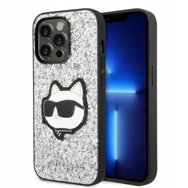 Etui Karl Lagerfeld Glitter Choupette Patch na iPhone 14 Pro Max srebrne