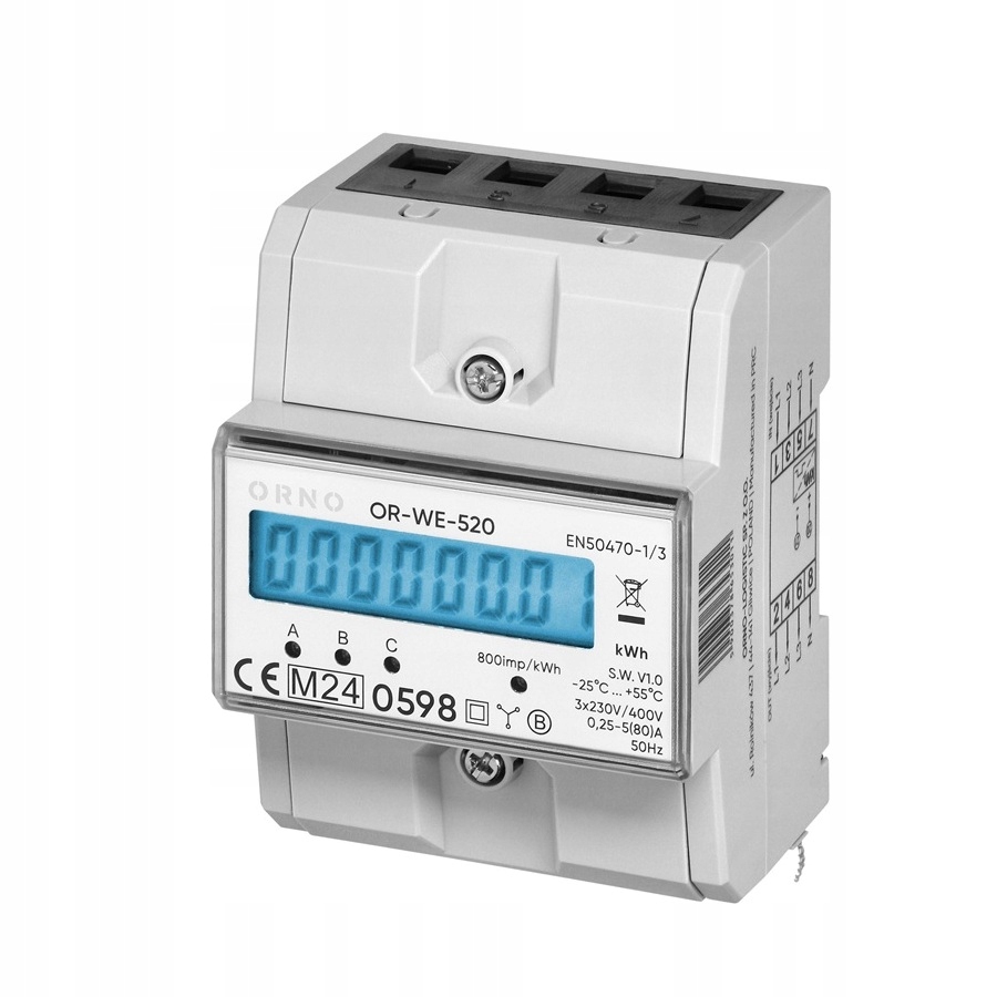 Licznik zużycia energii prądu 3-fazowy 80A, MID, Din TH-35mm Orno OR-WE-520