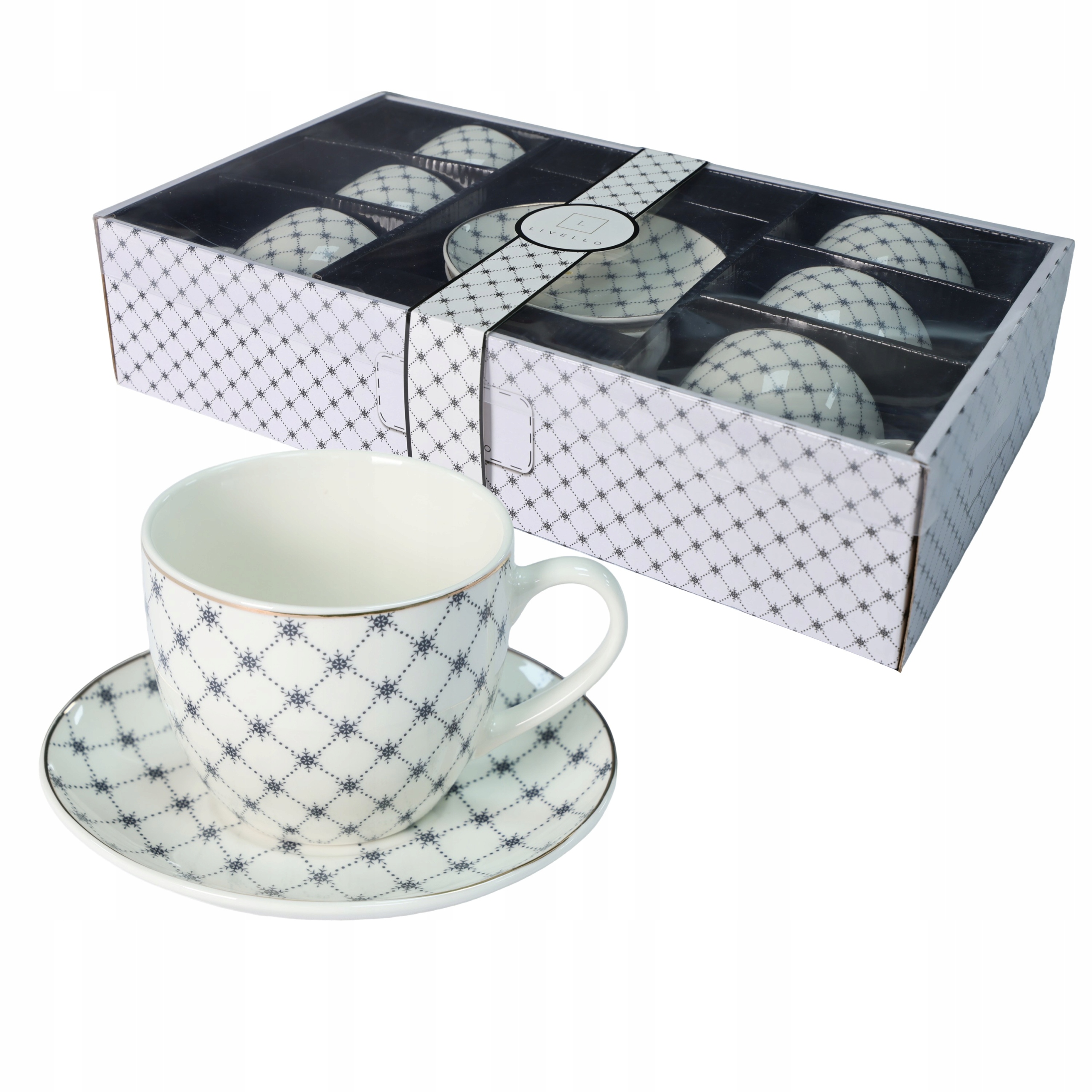 Livello Kávový servis 6 x šálek 250 ml s podšálkem 14 cm, zlatý proužek