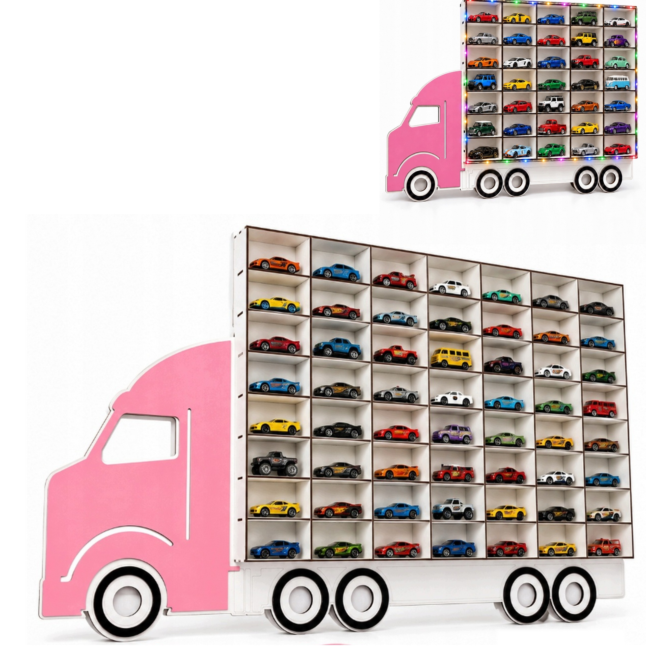 Garaż na resoraki autka organizer ścienny Dwa 90x59cm+56x52cm różowy Led