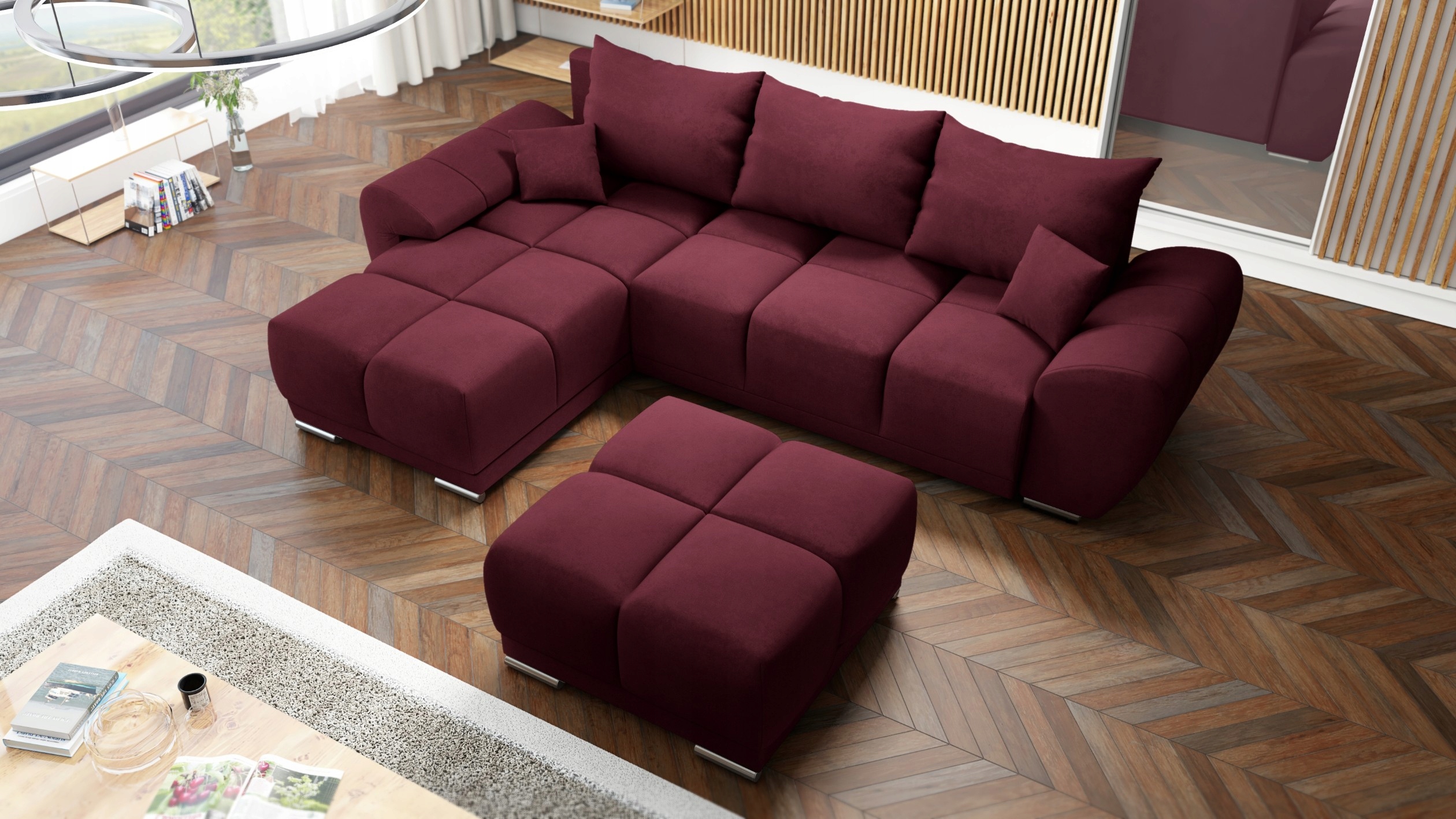 Pohodlný Rohová Sedací Souprava Rozkládací Gauč S Funkcí Spaní Honey L Velká Taburet