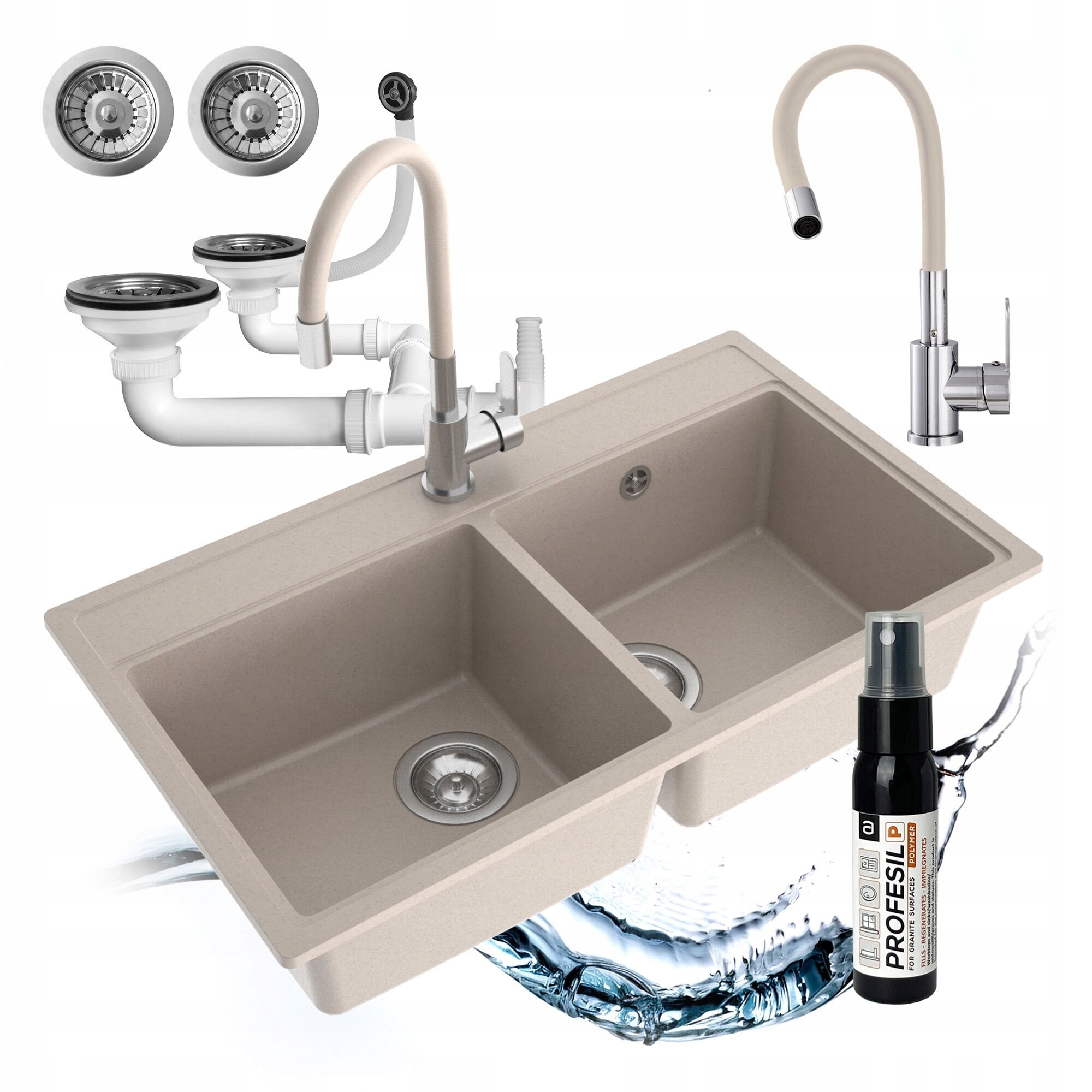Granitový Kuchynský Drez Miló Dvojkomorový Béžový, Flexibilná Batéria, Sifón