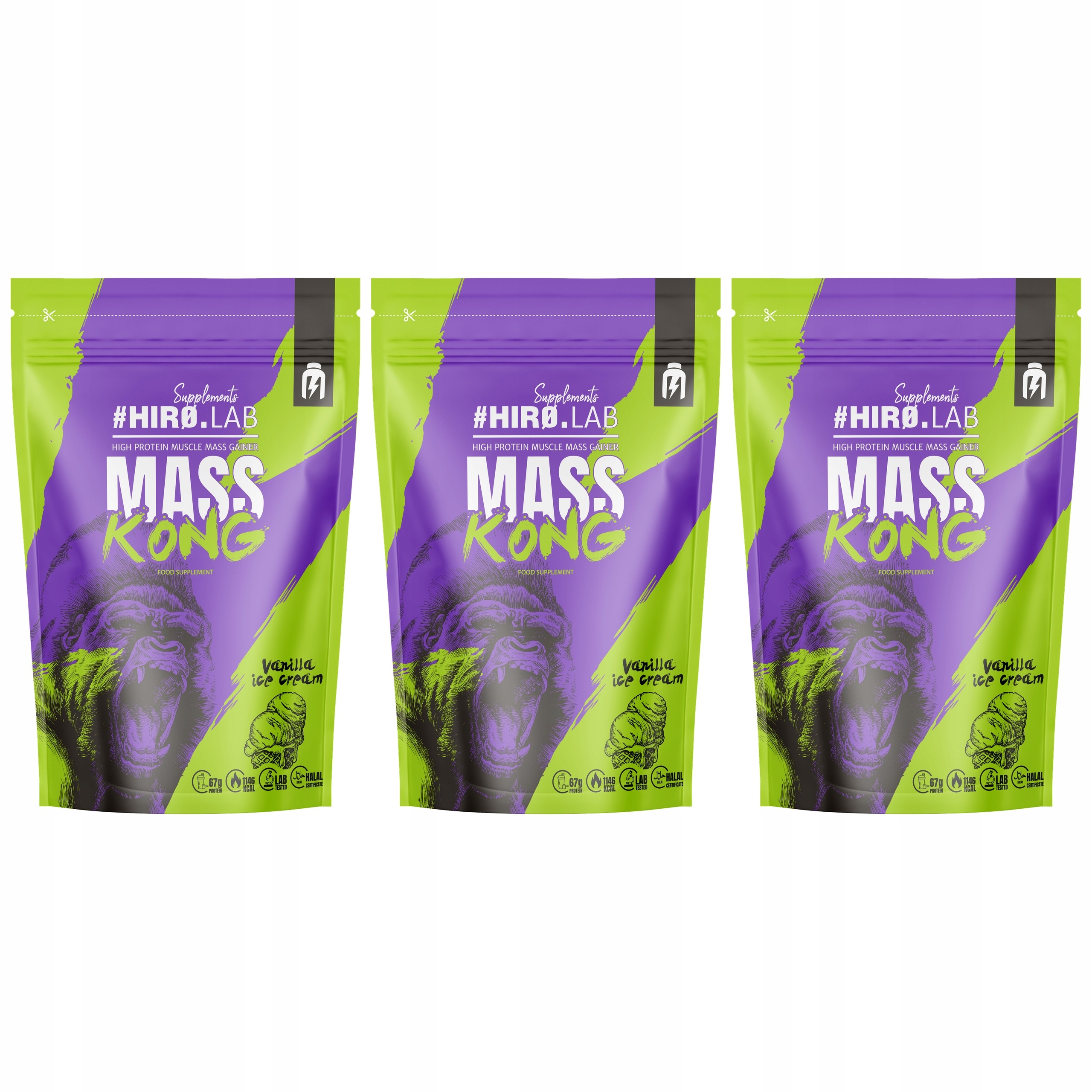 3x Gainer protein síla hmotnost na hmotnost sacharidy 1000 g Mass Kong vanilka Hir
