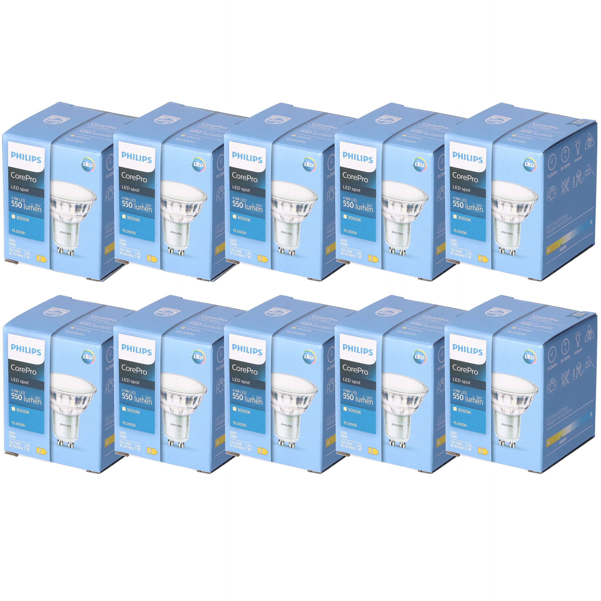 

10x Żarówka Led GU10 4,9W 3000K 120° 550lm Philips