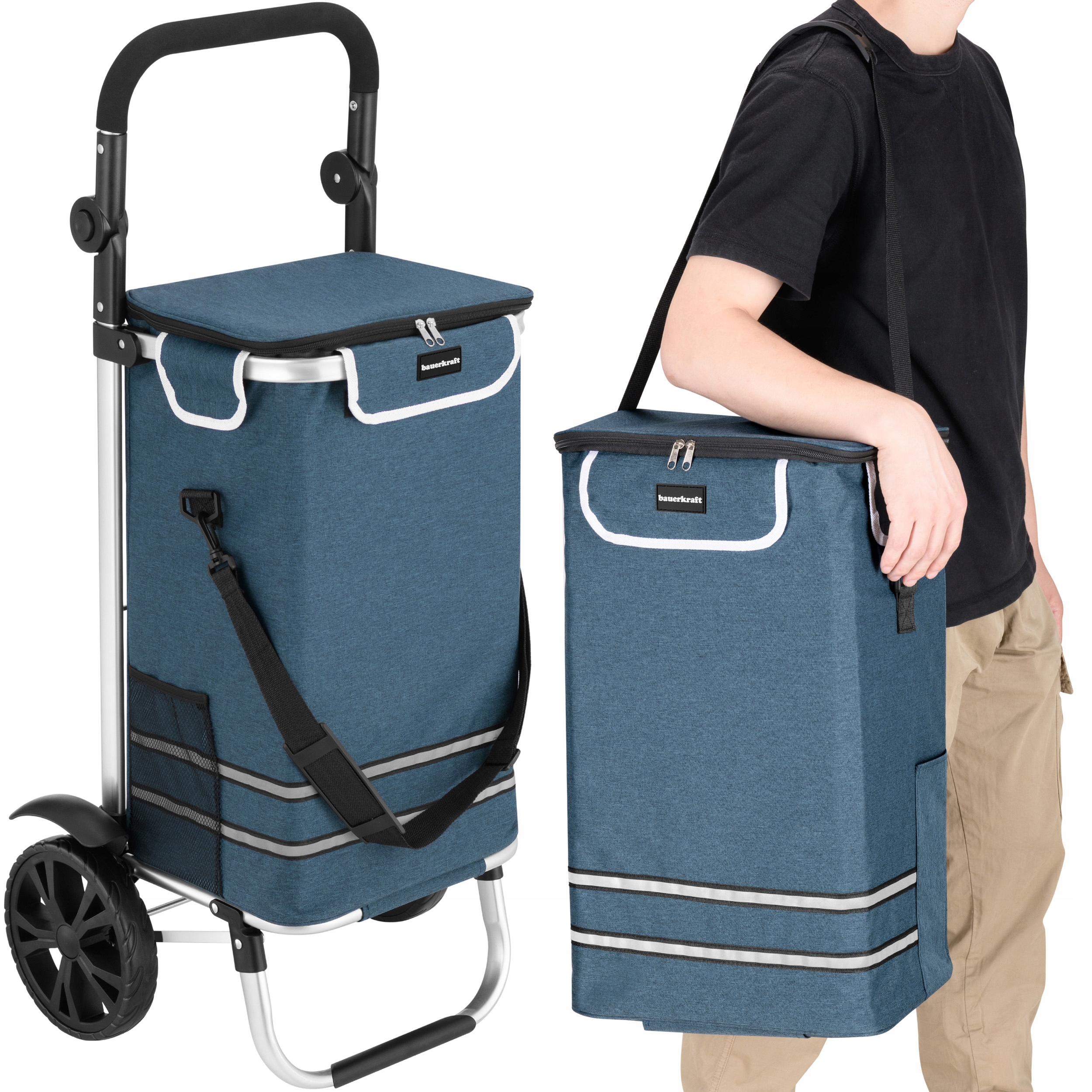 Vozík, nákupní taška na kolečkách, skládací, voděodolná, 42 l, odrazky, modrá barva