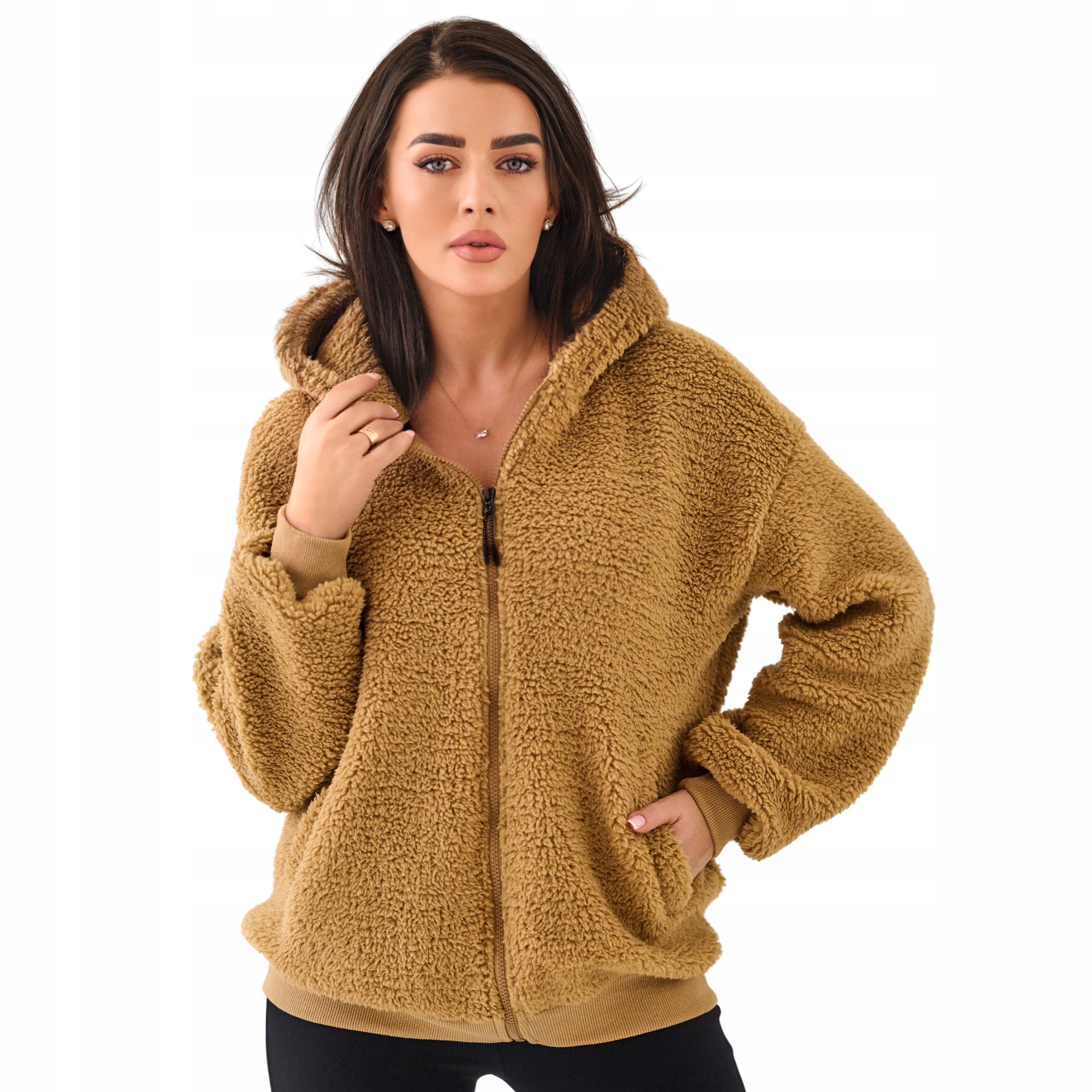 Mikina Dámská Rozepínací S Kapucí Plyš Polar Teddy Béžová M/L