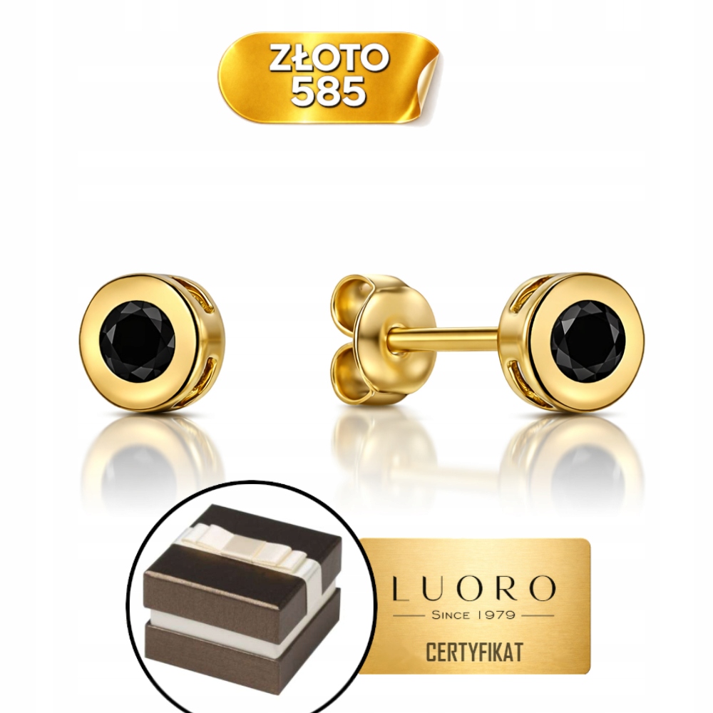 Náušnice Zlaté 585 14K Kolečka S Černým Kamenem 5 MM