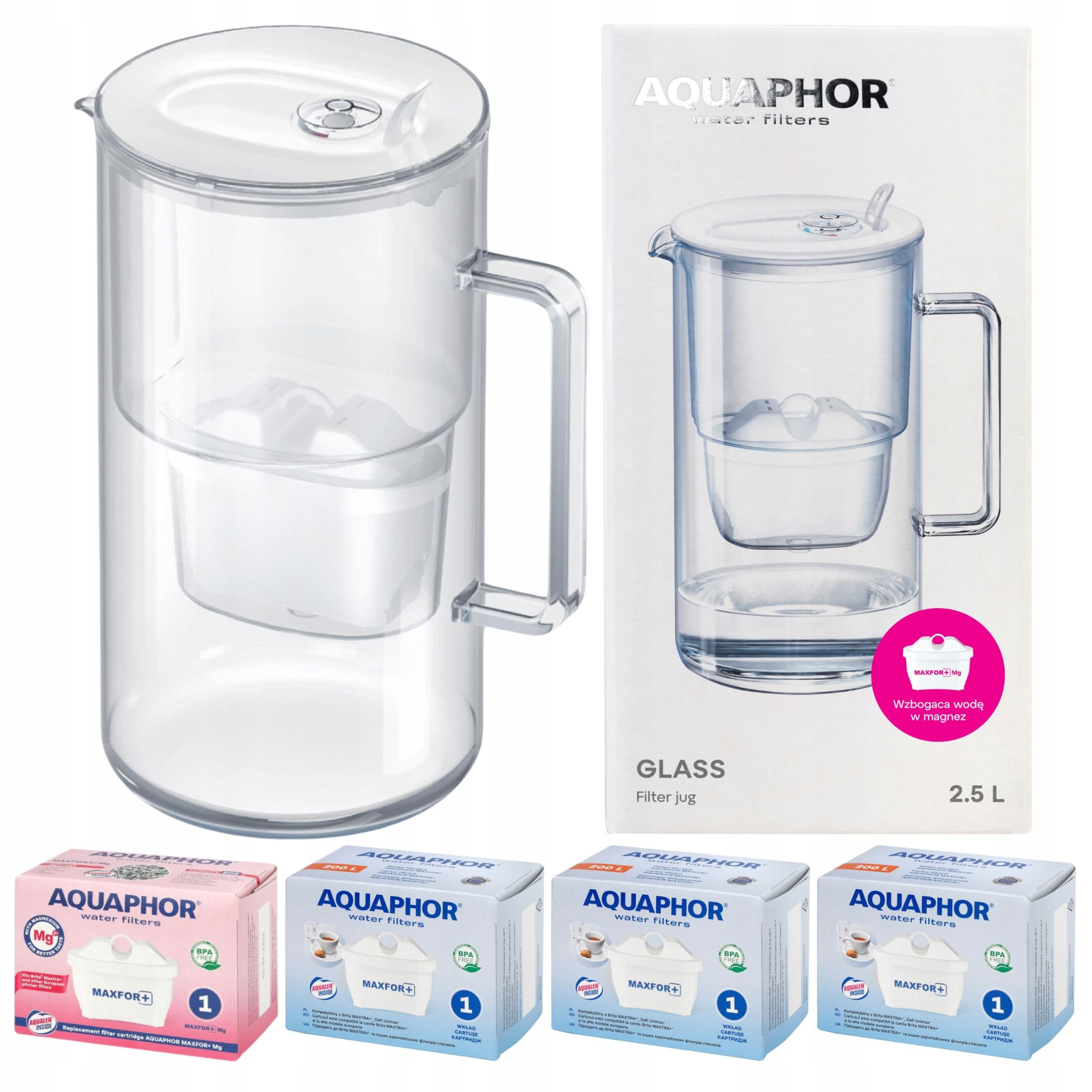 Džbán Aquaphor Glass bílý 2,5 l skleněný na vodu 4 filtry Maxfor (1 mg+3)