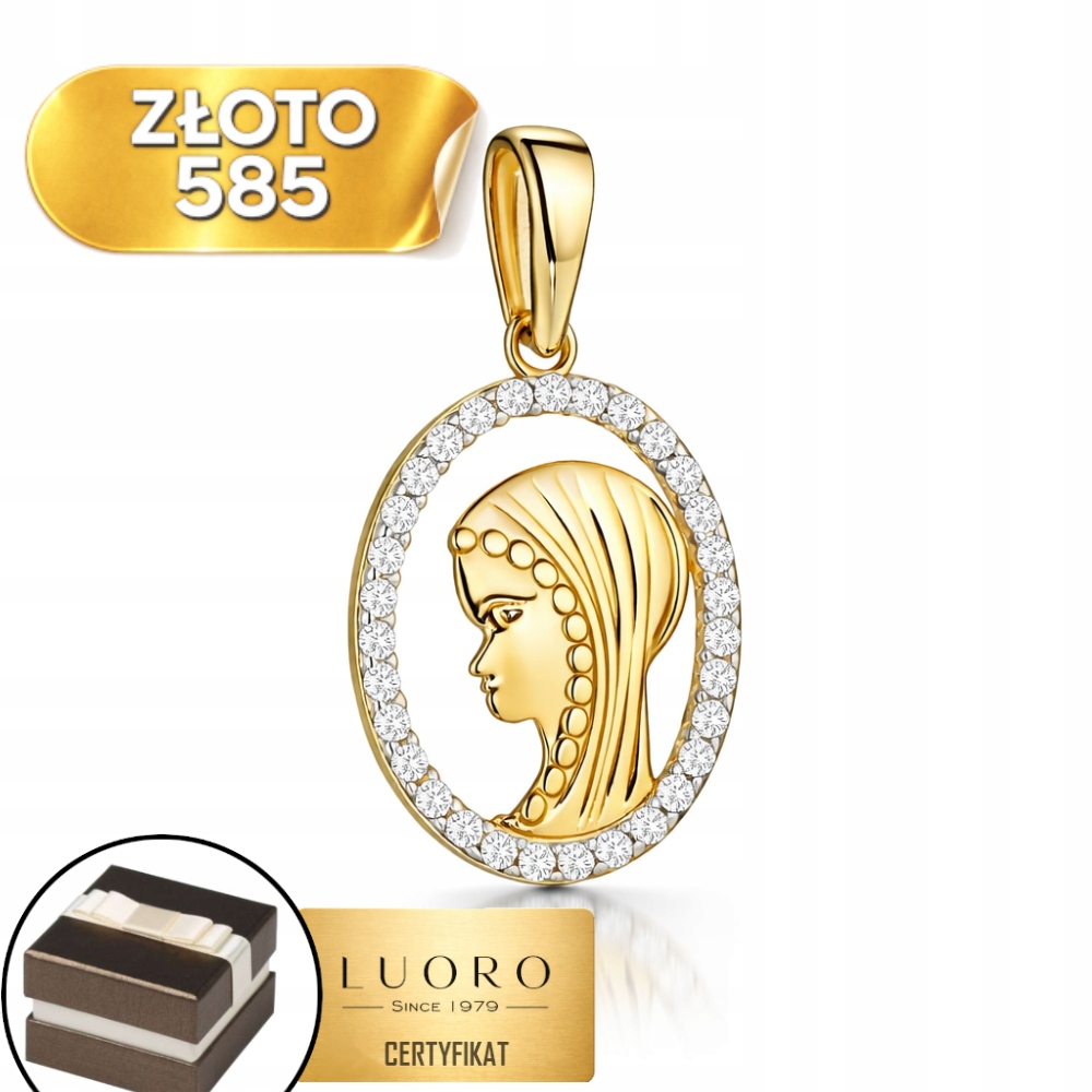 Zlatý Medailon 585 14K Matka Boží Ovál Zirkony 22 MM Elegantní