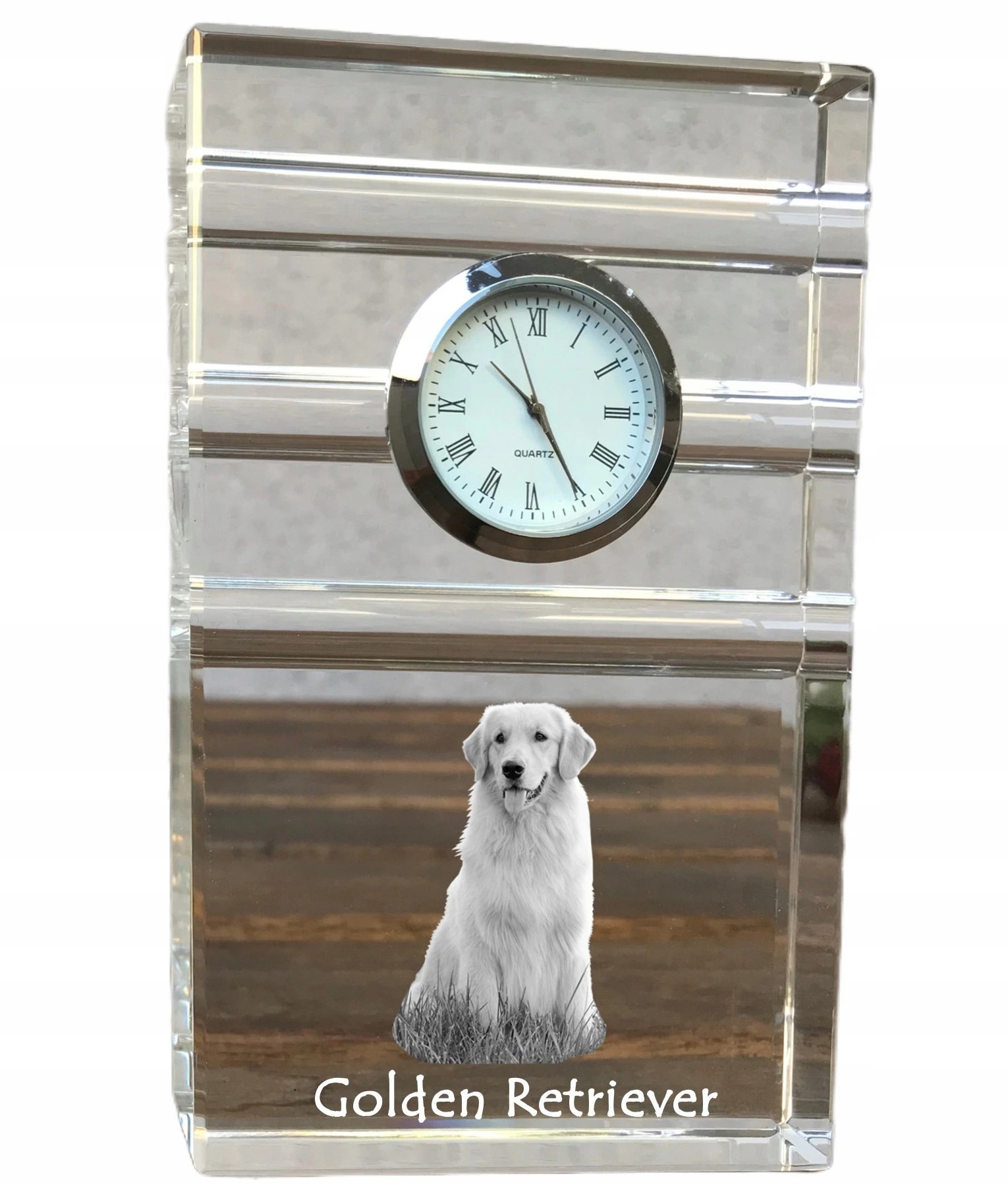 Zlatý retriever krištáľové stolové hodinky so psom, s vašou fotografiou