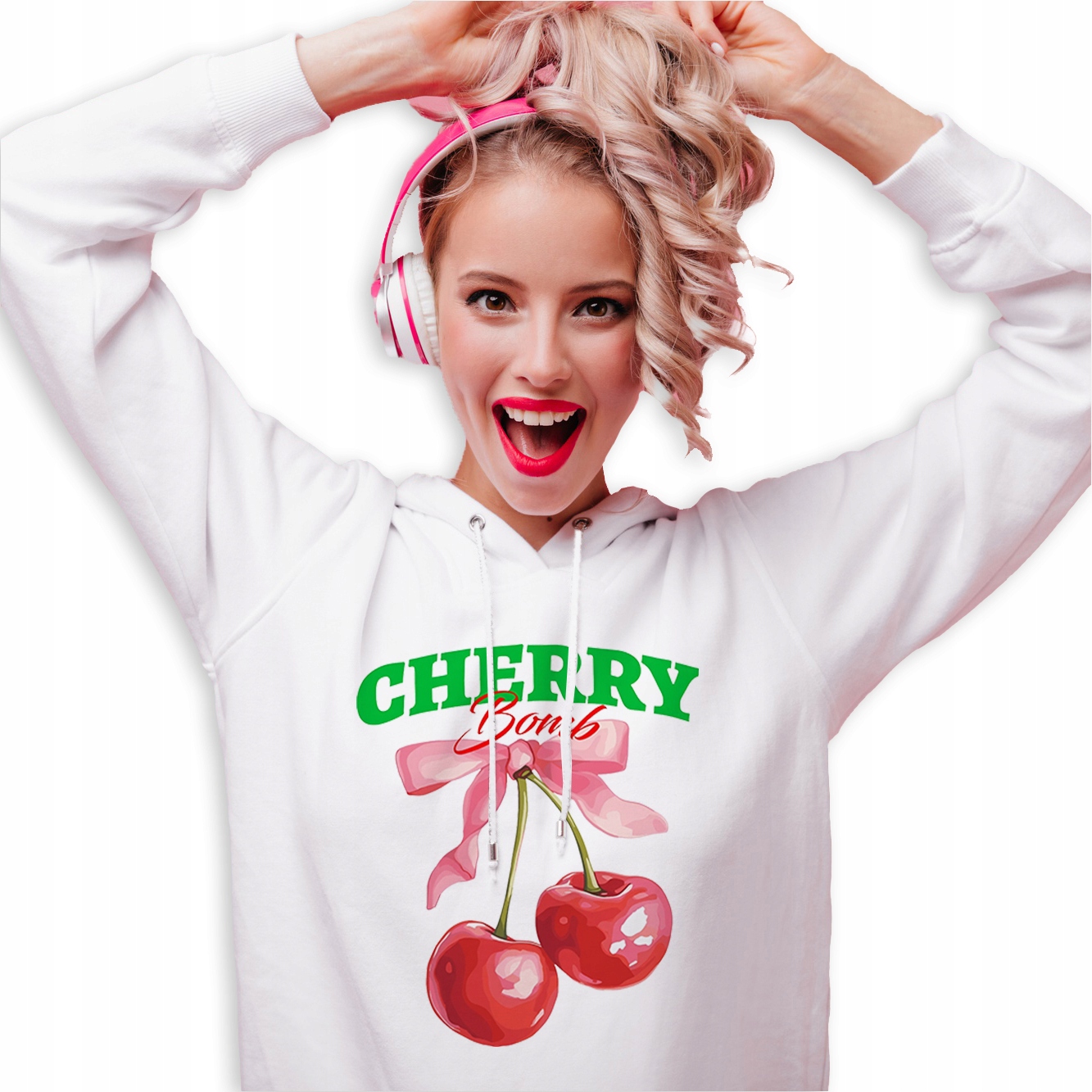 Tepláková Mikina Dámská Bílá S Kapucí Na jaro Cherry Bomb Ovoce Vzory M