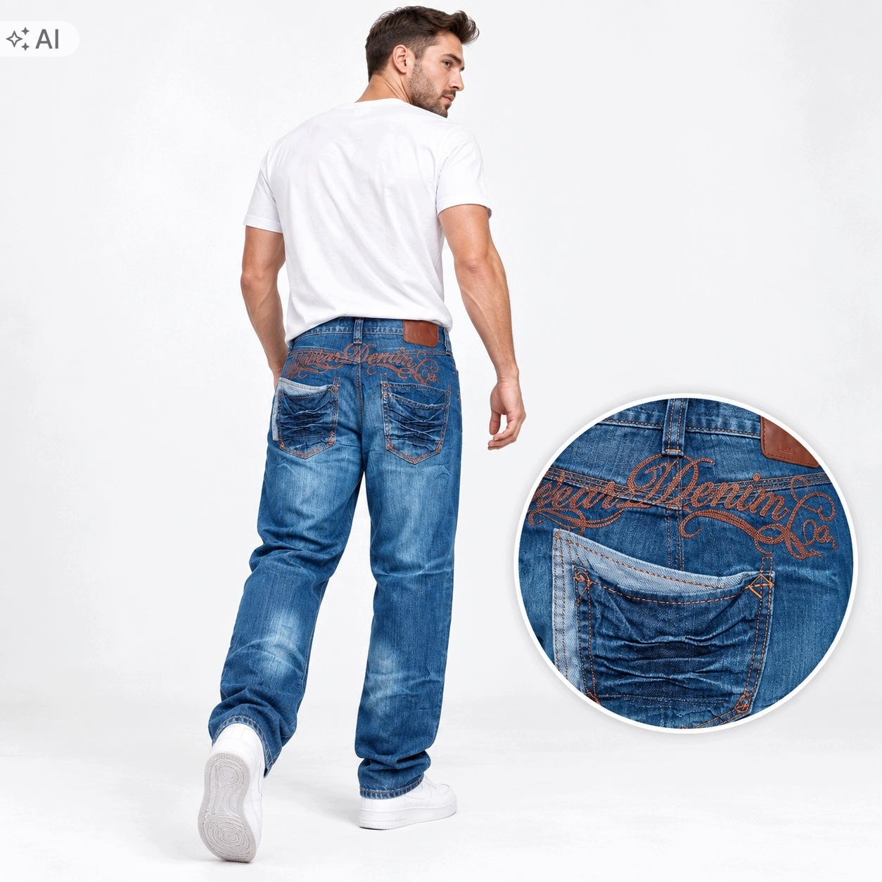 Pánské džínové kalhoty Rocawear s výšivkou a prošíváním s klopou, kapsa W32, nové