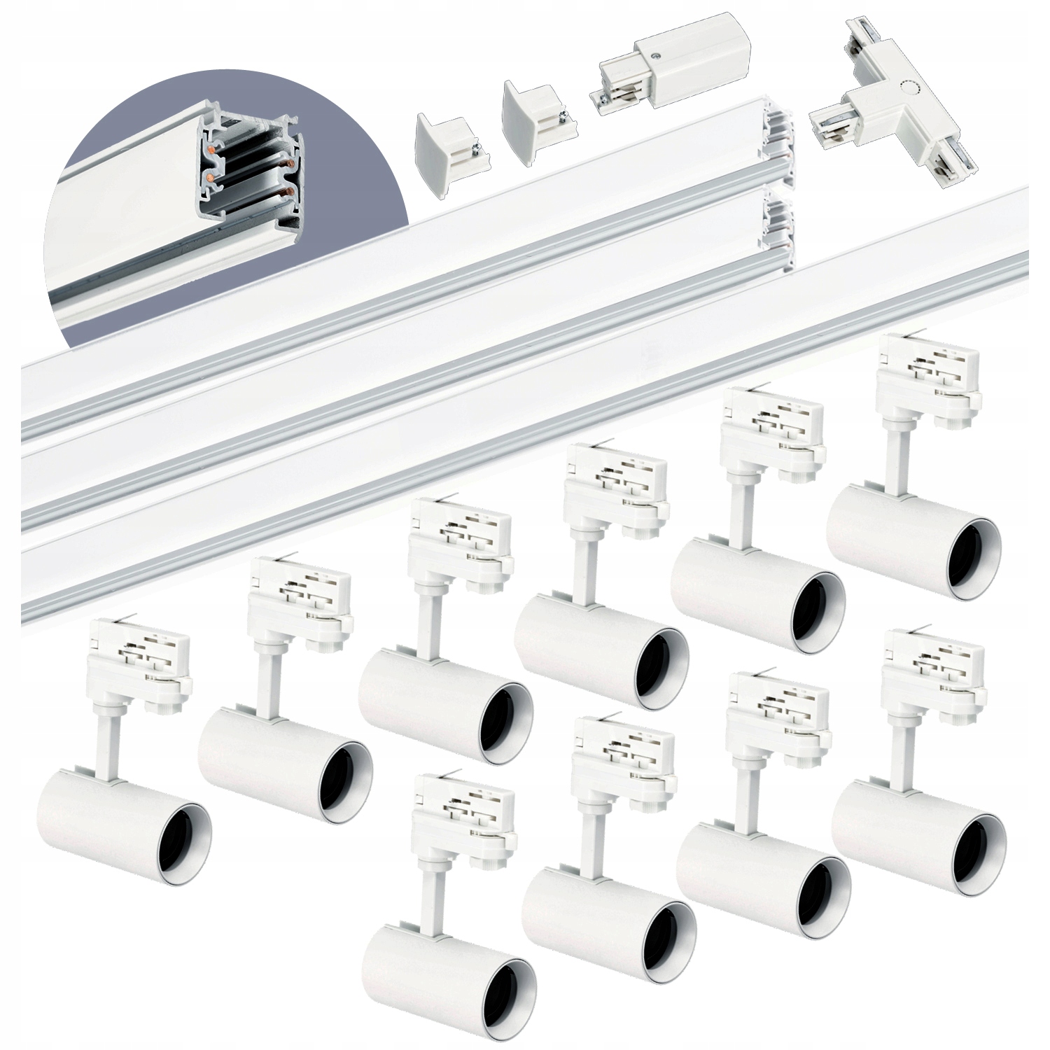 3-fázový koľajnicový set 1m+1m+2m, 10x lampa, T-spojka Biela komplet