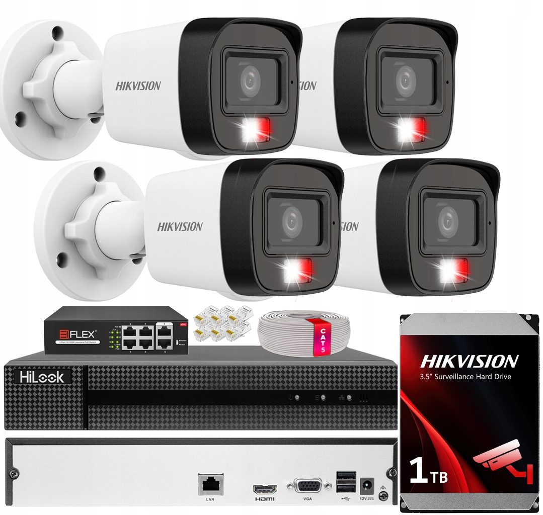 Zestaw Monitoringu 4 Kamery 4MPX Hikvision Rejestrator Dysk 1TB Aplikacja