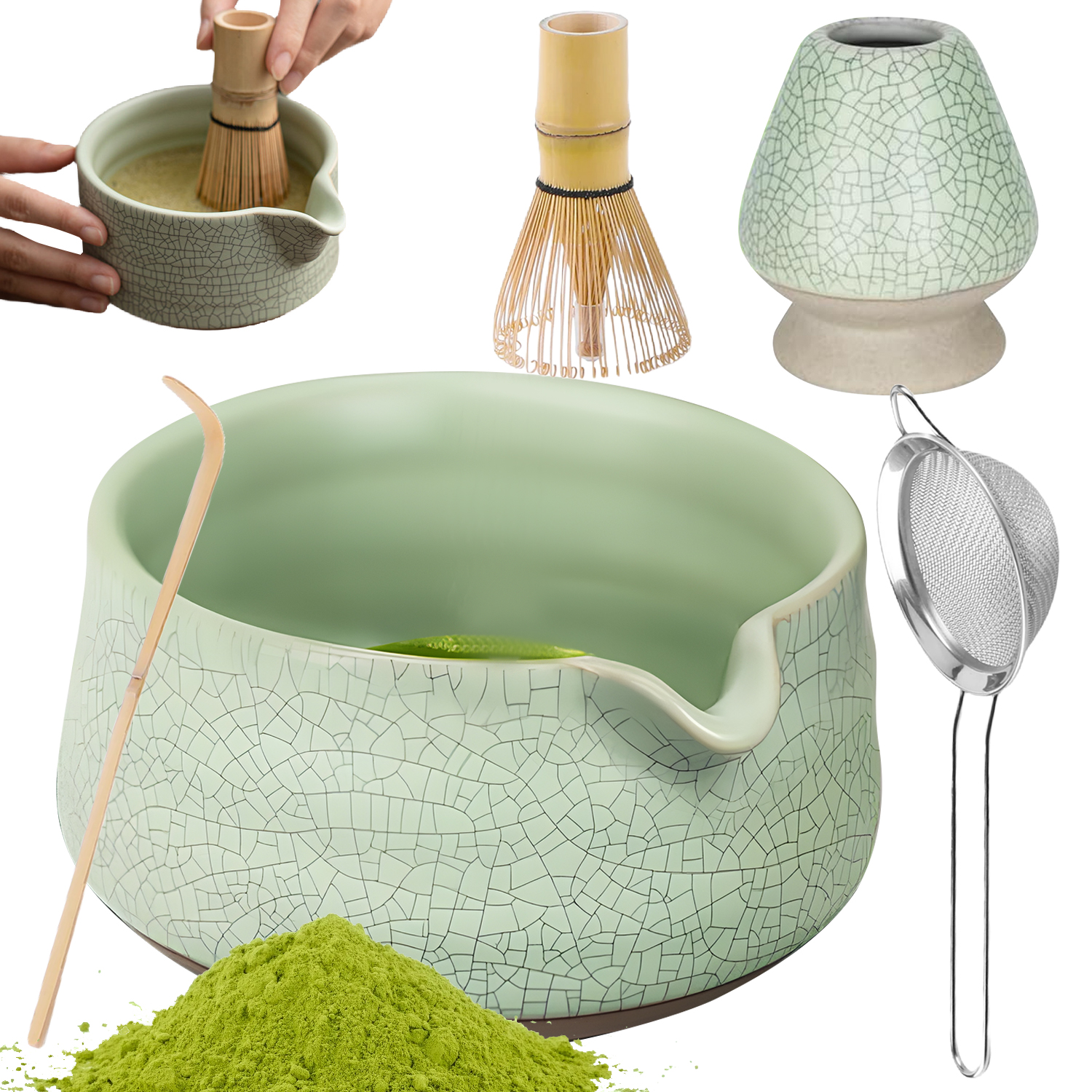 Nářadí Matcha 5 Dílů S Mísou Chawan, Šlehací Metlou A Sítkem