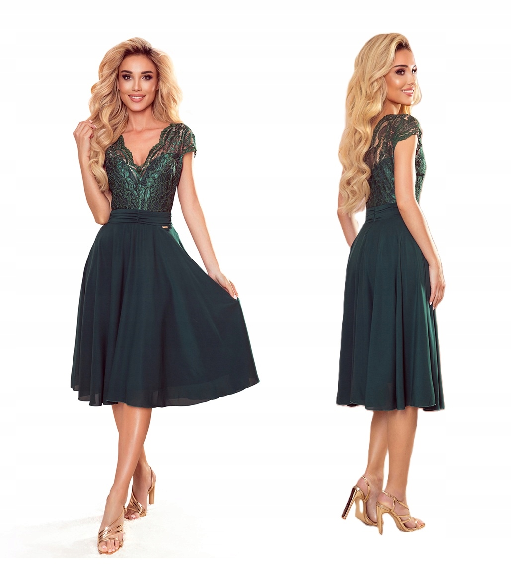Stylové Šaty S Krajkovým Výstřihem A Květinami, Lahvově Zelená Barva L