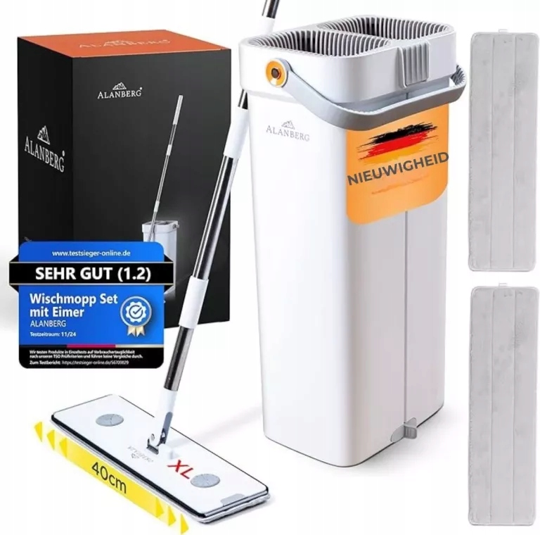 Alanberg Zestaw XL Mop z Wiadrem – 2 Komory, 181 cm Stal Nierdzewna, Biały
