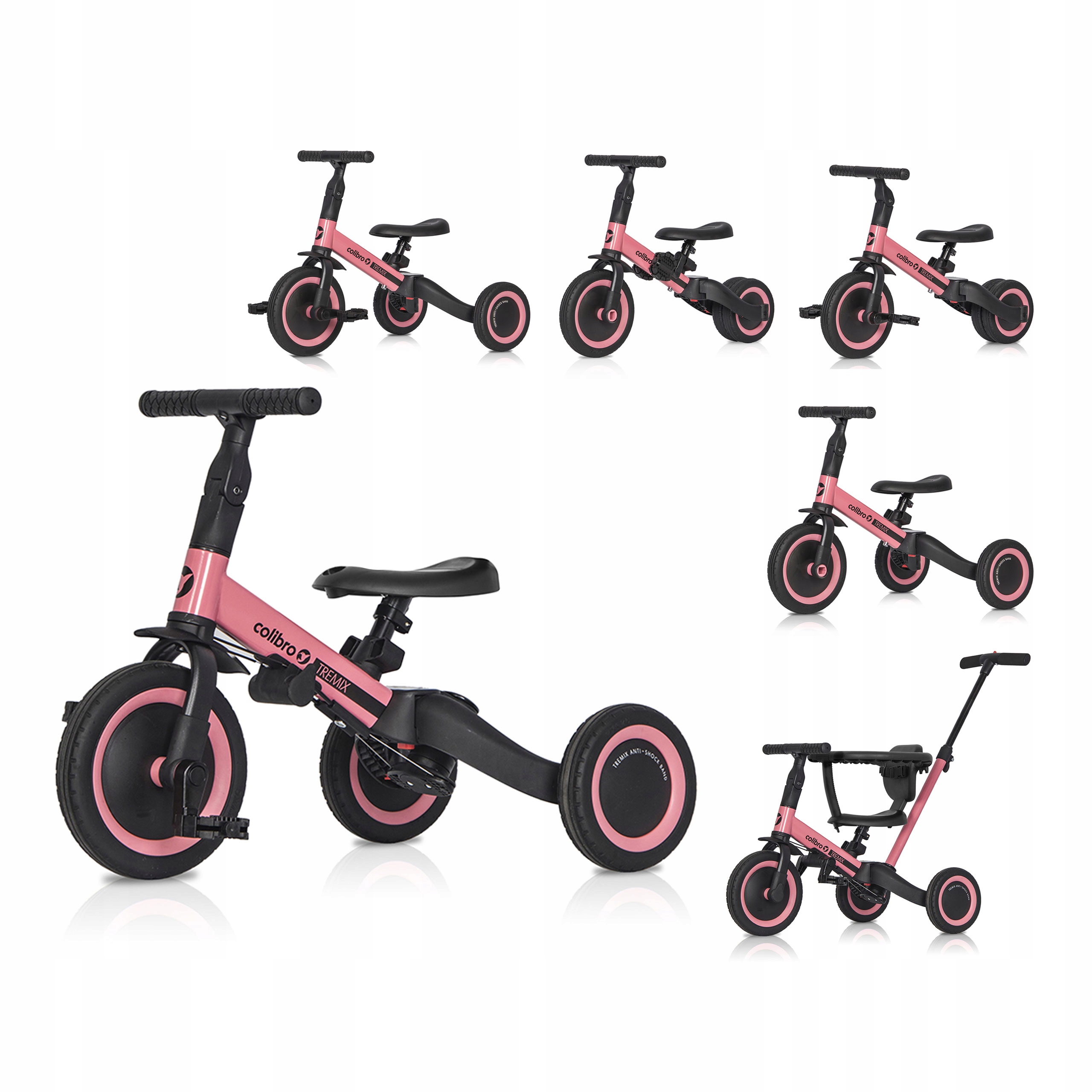 Rowerek trójkołowy biegowy dziecięcy pchaczem Tremix Up 6w1 do 25kg różowy