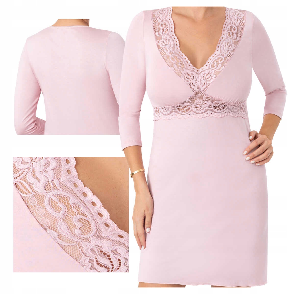 elegantní Košile noční Donna s 3/4 rukávy Margo pudrová růžová L