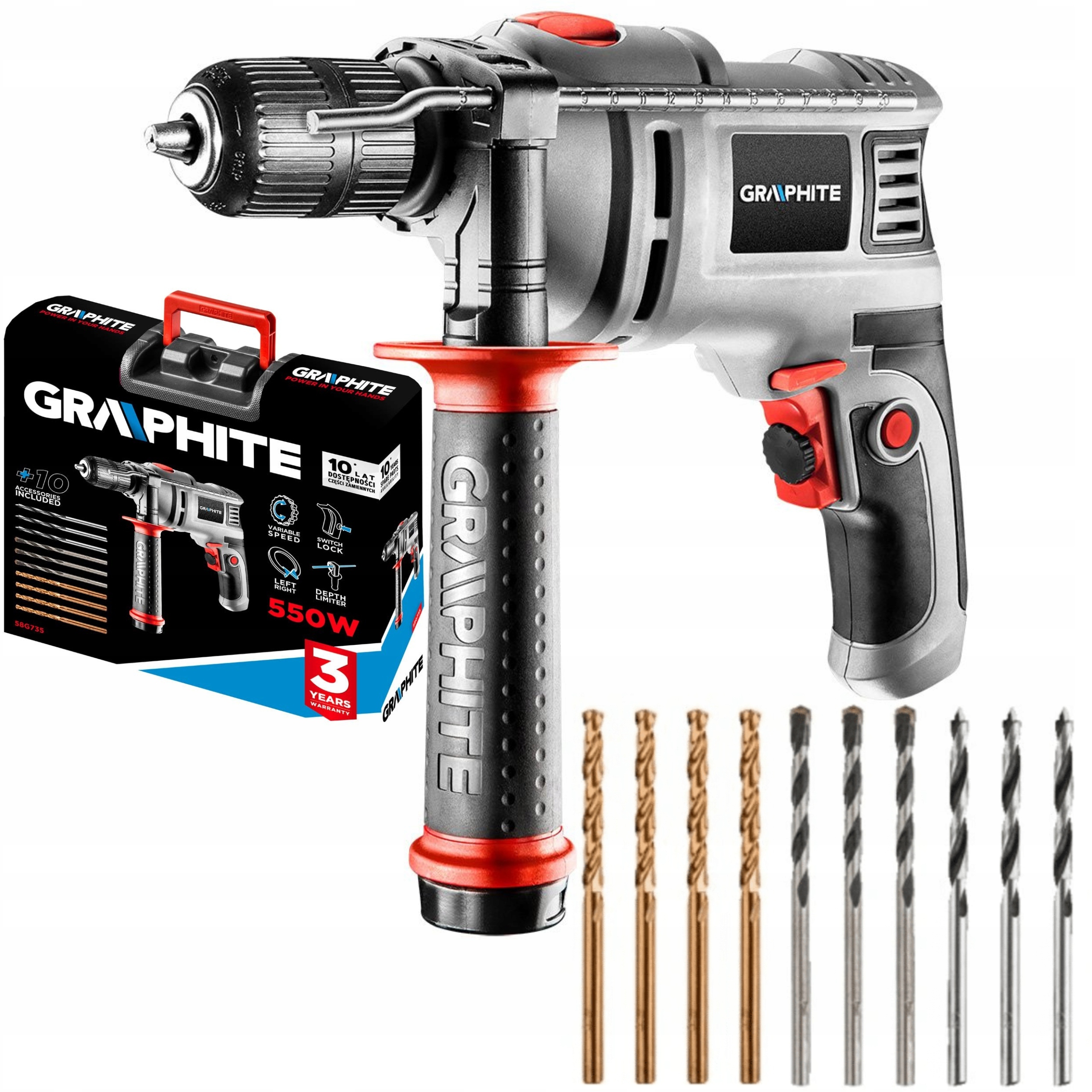GRAPHITE WIERTARKA UDAROWA 550W UCHWYT 13mm +10 WIERTEŁ WALIZKA 58G735