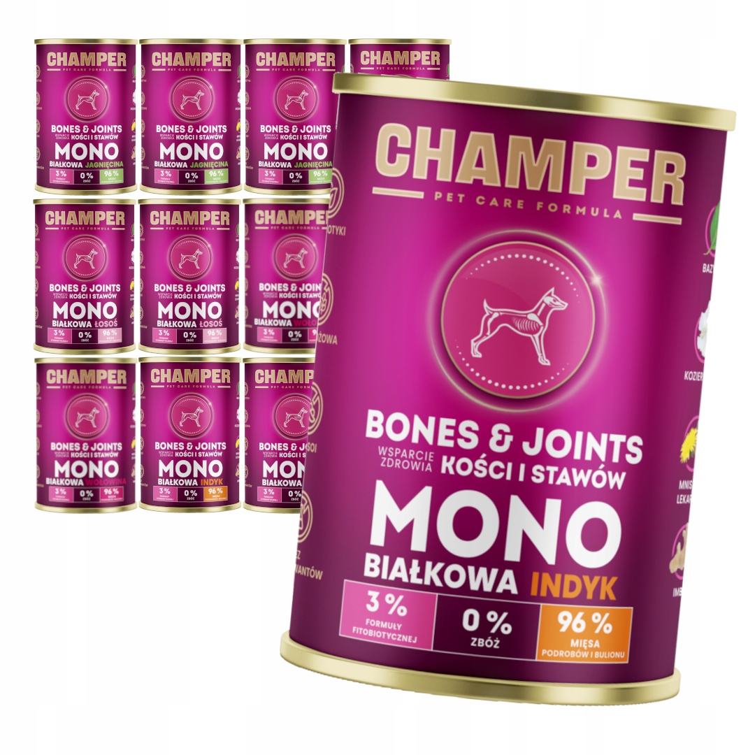 Levně Champer Bones&Joints 12x400 g Monoproteinové Vlhké Krmivo pro psy Mix Chutí