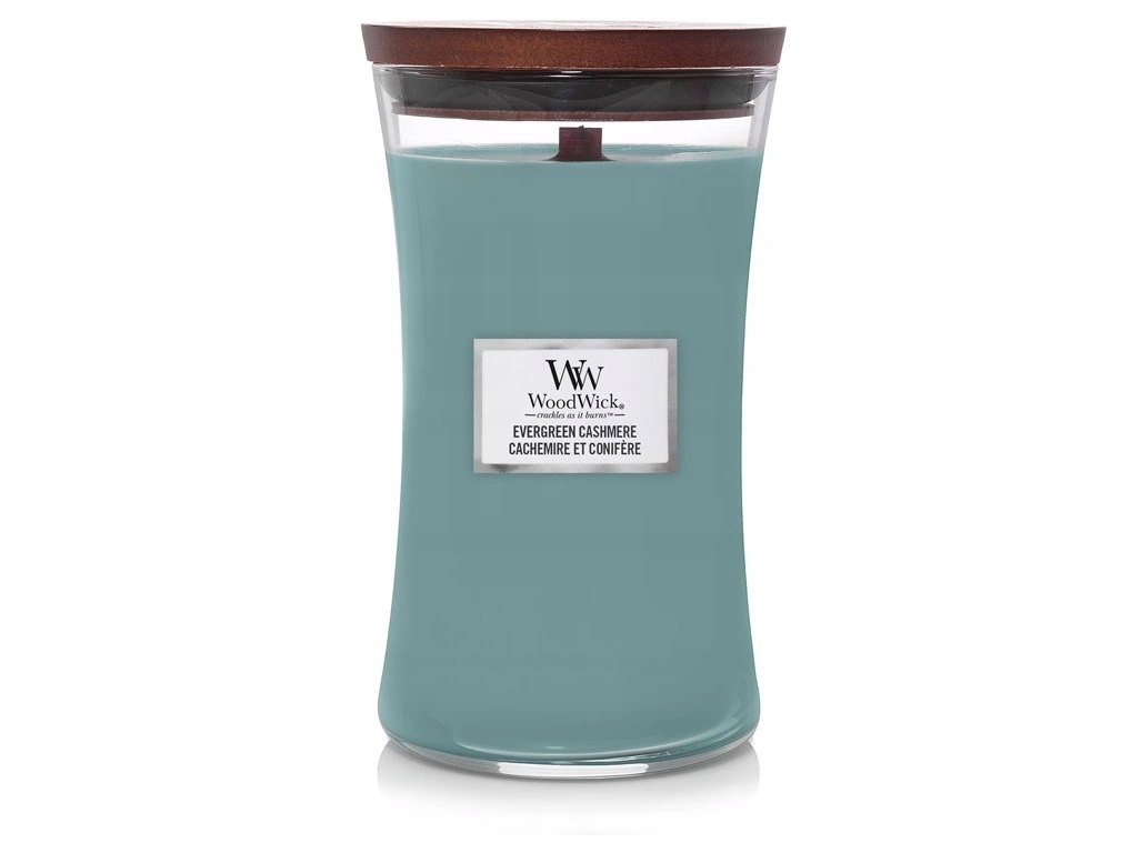 WoodWick vonná svíčka s dřevěným knotem velká Evergreen Cashmere 609 g