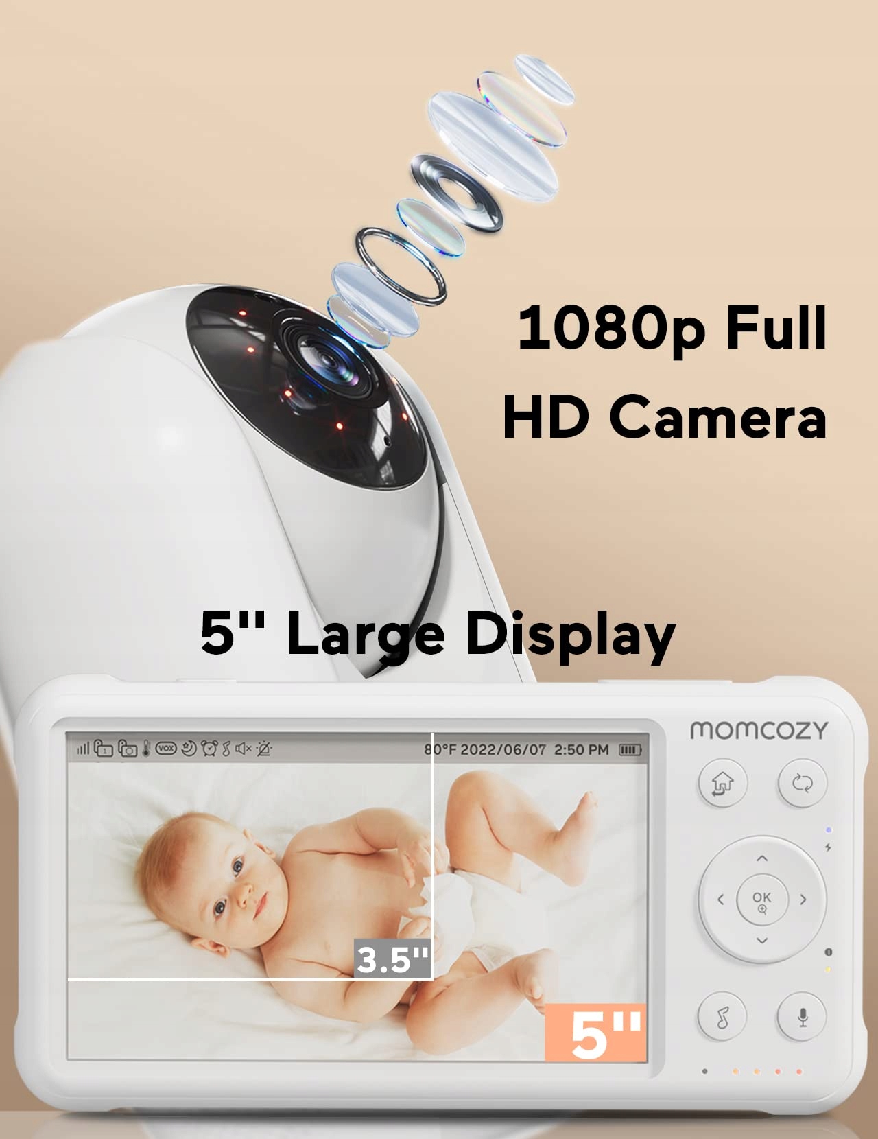 MOMCOZY Niania Elektroniczna 2 Kamery 5 Cali 1080P Ekran Dzielony Audio — miniatura 5