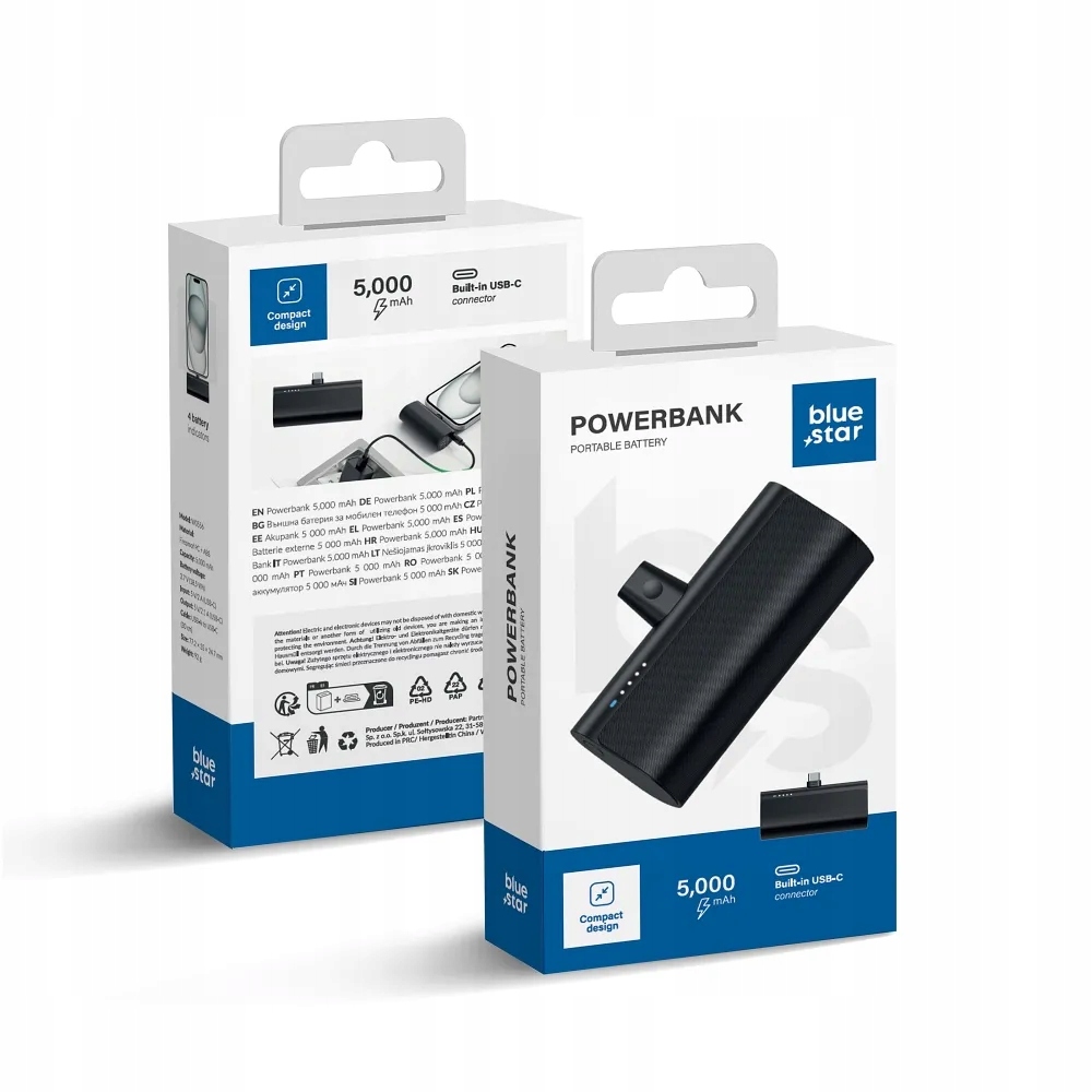 Blue Star powerbank 5000 mAh z wbudowanym złączem Typ C 2,1A W0556 czarny