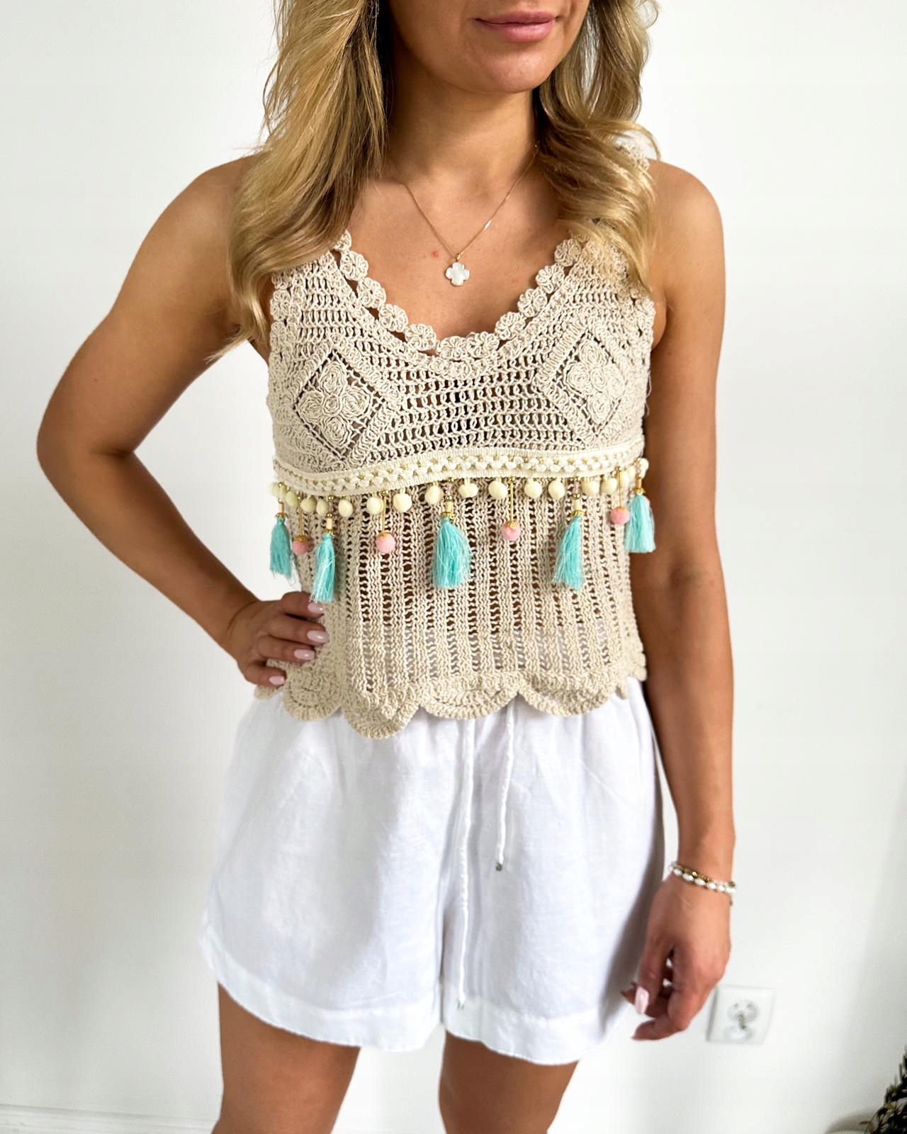 TOP BLUZKA BEŻOWA MAKRAMA PLECIONA BOHO BEŻ UNI