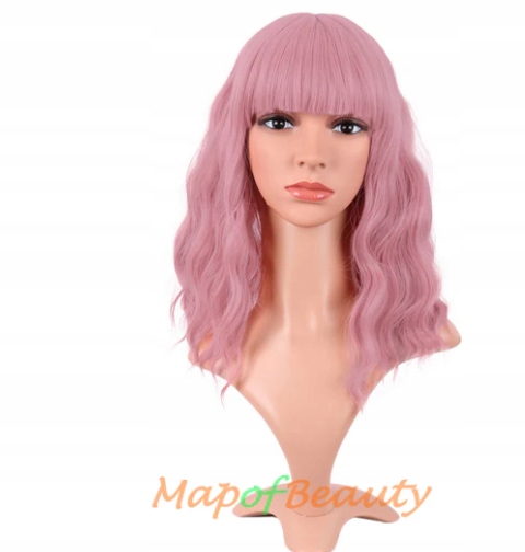 MapofBeauty Paruka s vlnitými vlasy pastelově růžová, s ofinou, 40 cm