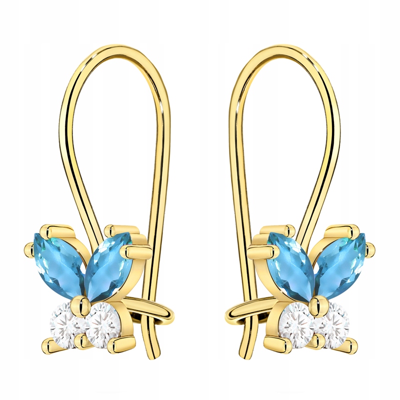 Zlaté dámské Náušnice ryzosti 585 Modré Motýlci se Zirkony na patentovém zapínání (biglu) 14k