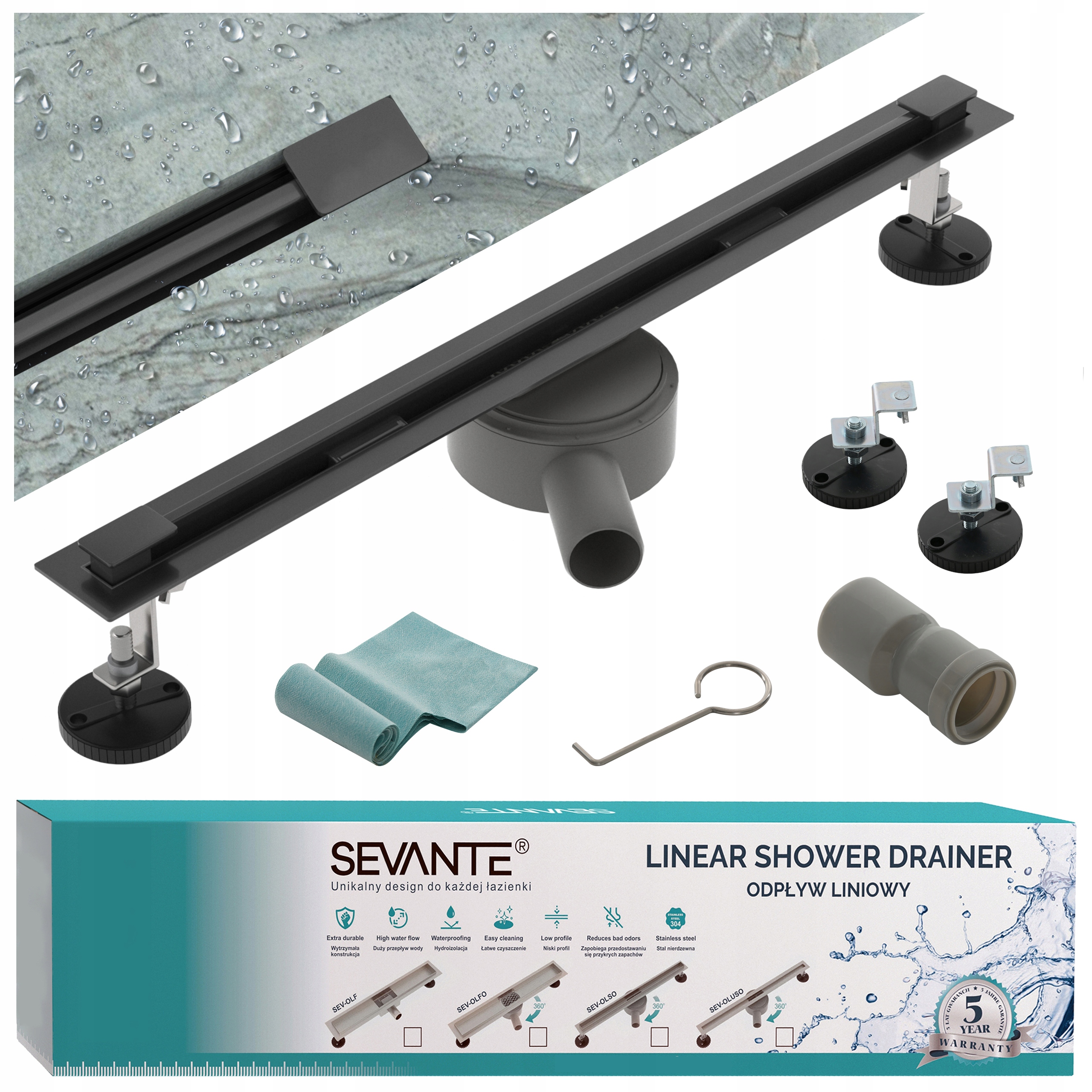 Lineárny odtok Ultra Slim 90 cm, otočný sifón, čierny, veľká priepustnosť