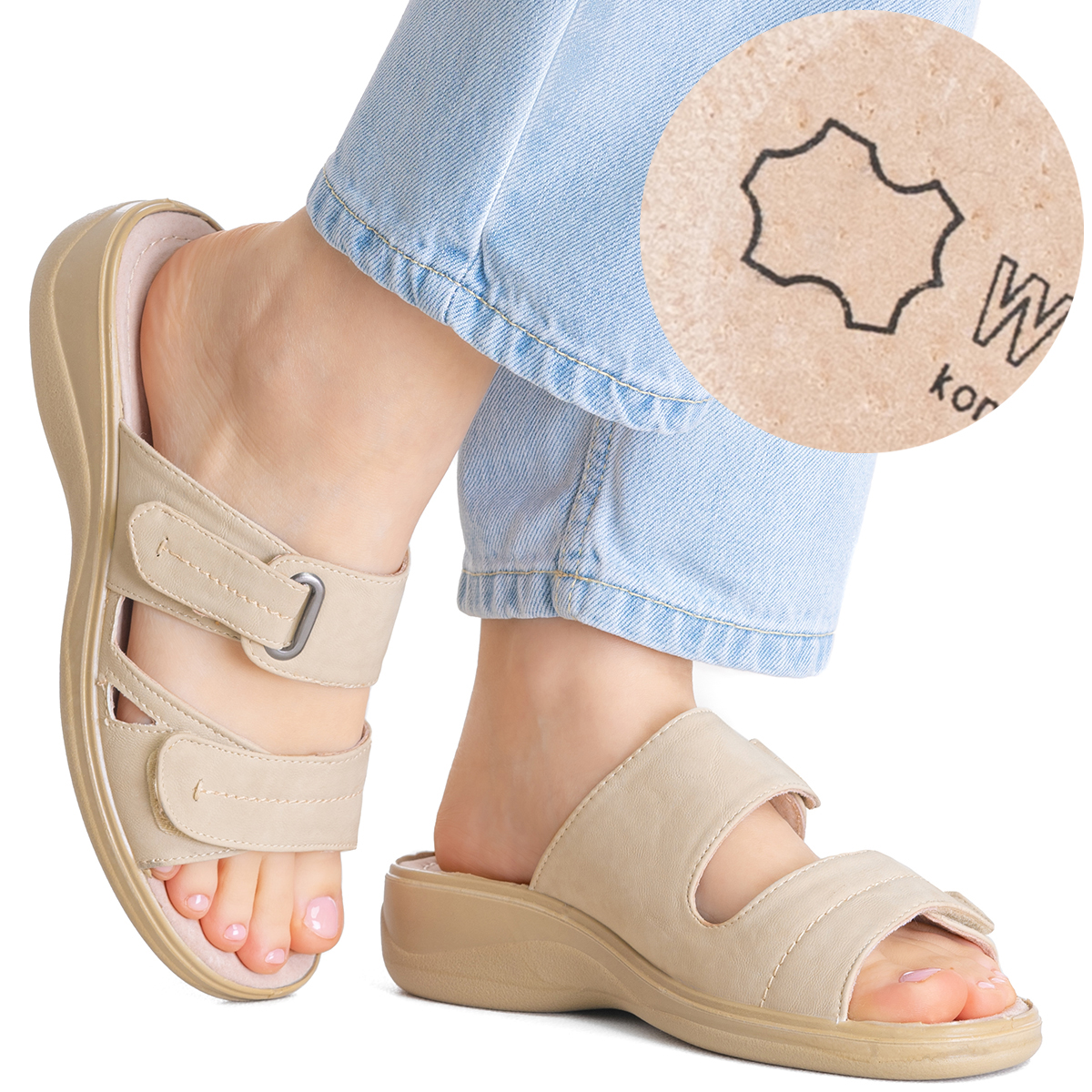 Nazouváky s koženou stélkou, nastavitelné na suchý zip, lehké a měkké, béžové Wojtyłko, velikost 38