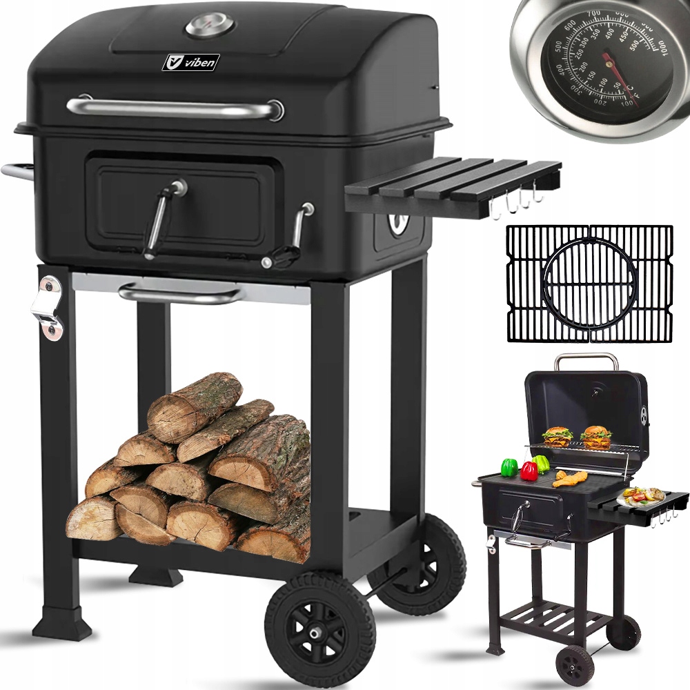 Grill Ogrodowy Węglowy Duży Żeliwny Ruszt Z Pokrywą Termometr Popielnik
