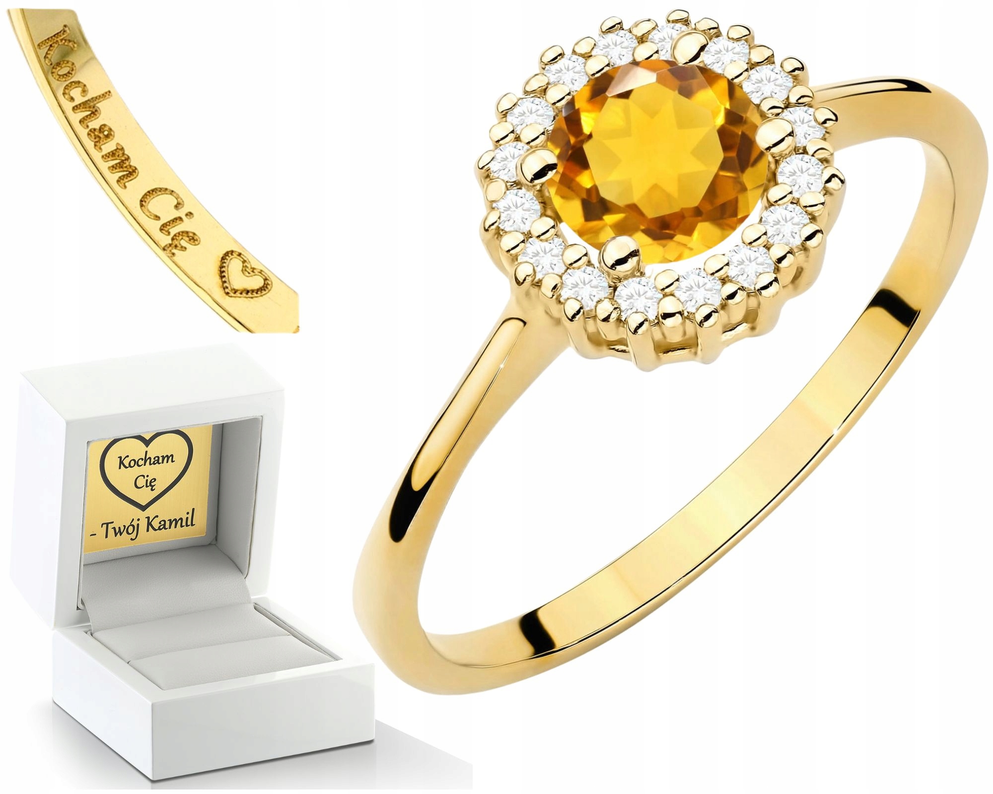 Prstýnek S Citrínem A Diamanty Bonus Gravírování 585 Dárek