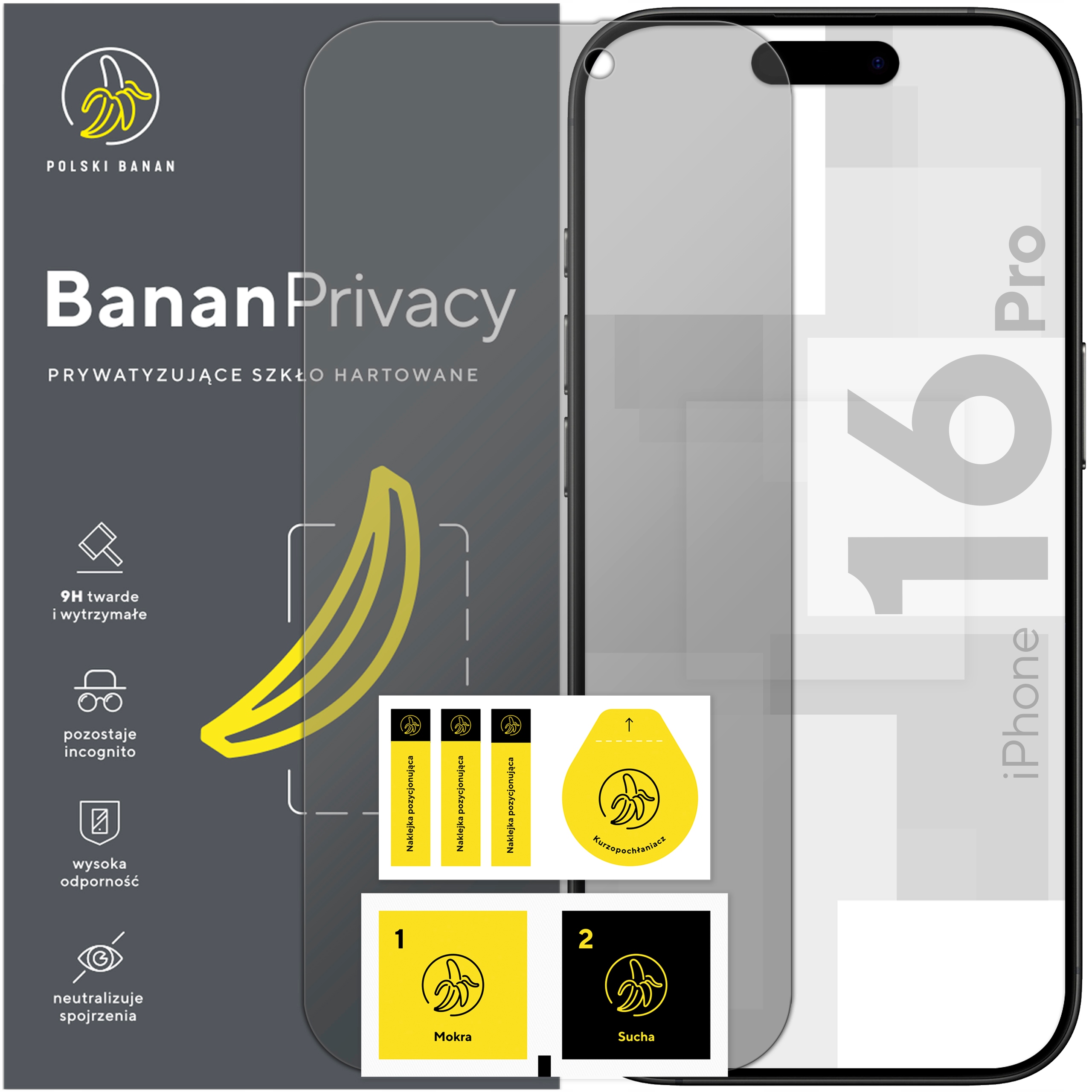 Szkło hartowane prywatyzujące 9H BananPrivacy do Apple iPhone 16 Pro