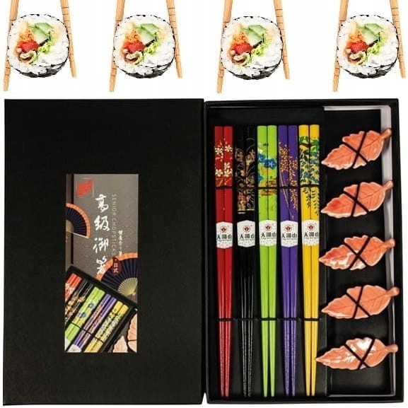 Levně Sada barevných tyčinek s podstavcem na sushi Motiv List v krabičce 5 párů
