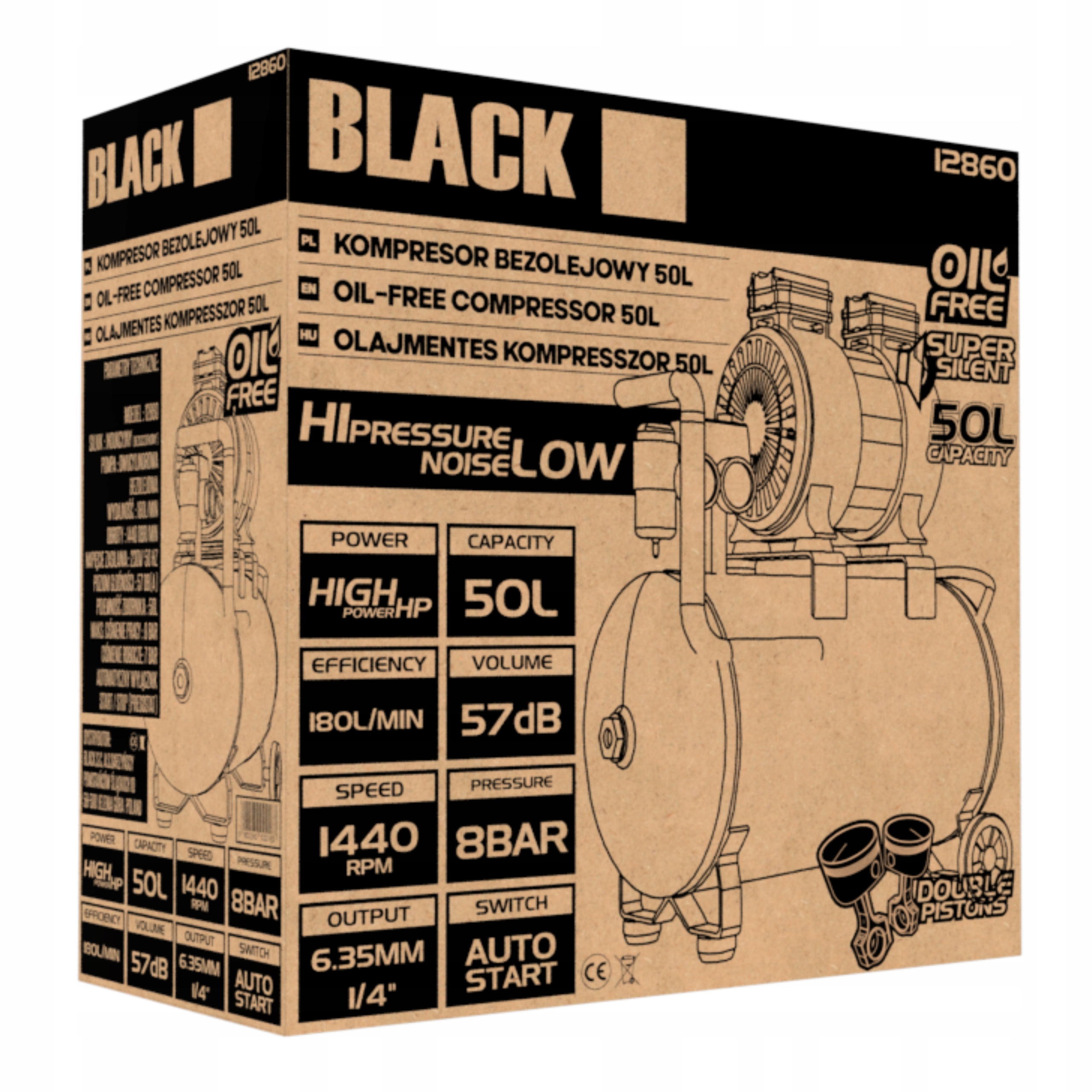 KOMPRESOR BEZOLEJOWY 50L SPRĘŻARKA DWUTŁOKOWA 8 BAR SEPARATOR BLACK Ciśnienie maksymalne 8 bar