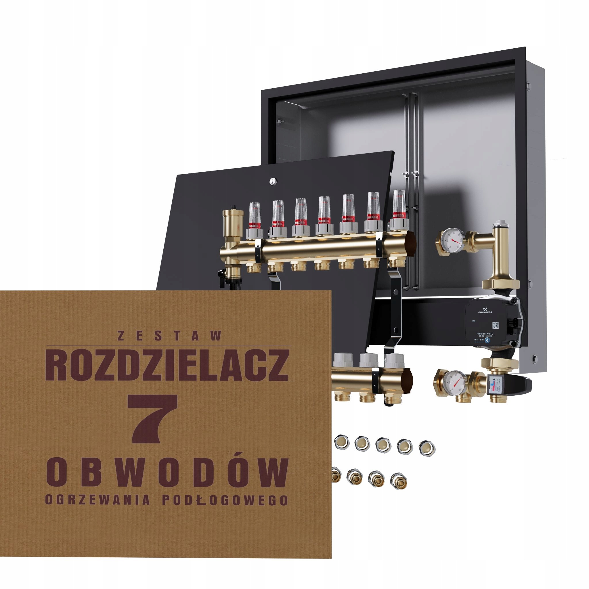 Rozdělovač pro podlahu 7 čerpadlo Grundfos podomítková skříňka černá Pex