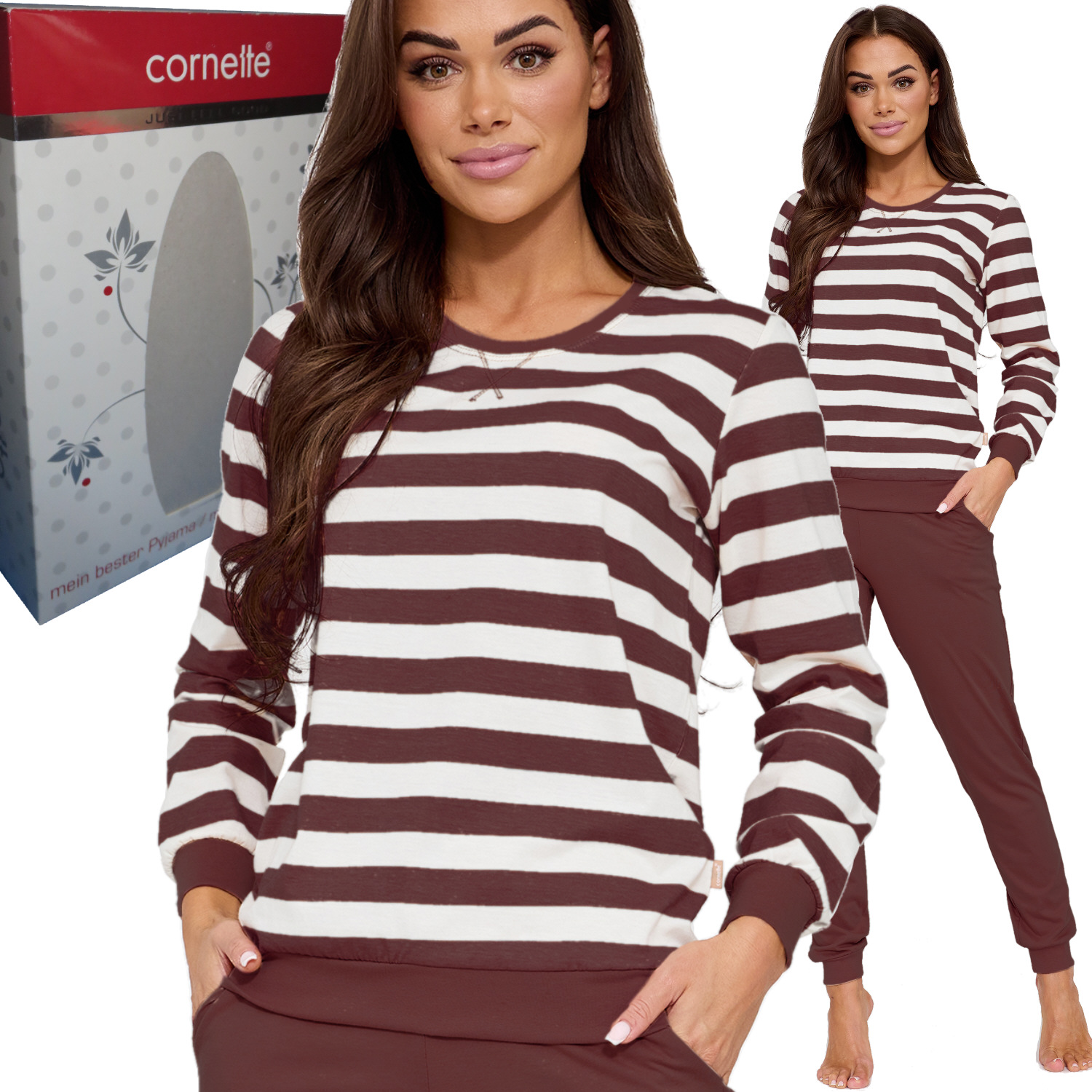 Cornette dámské pyžamo bavlna pruhované teplákovka 635/475 Molly 4 čokoláda XXL