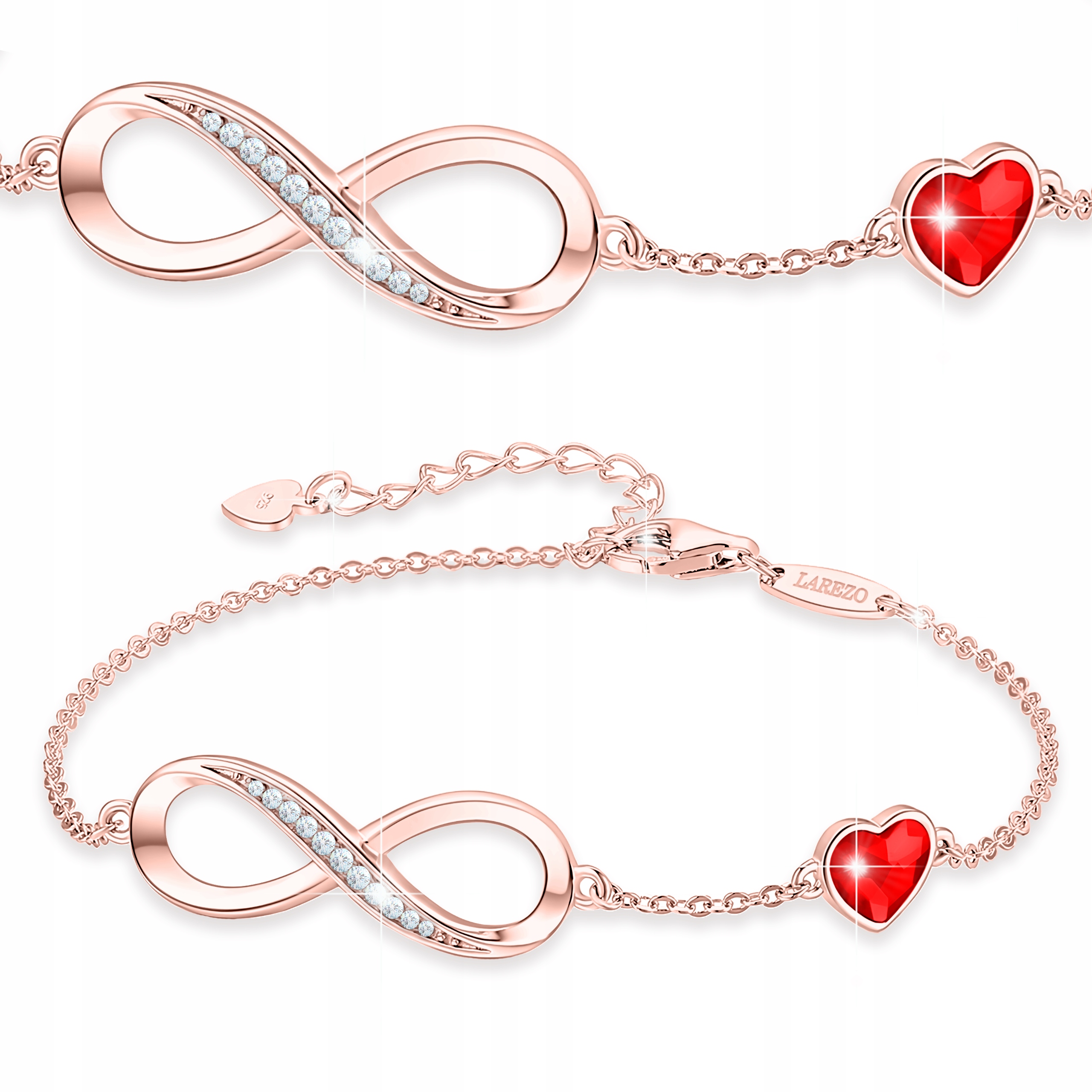 Pozlacený náramek s motivem nekonečna a červeným srdcem, Zirkony, Stříbro 925