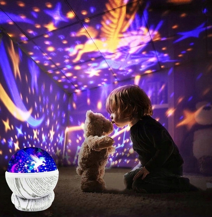 LAMPKA NOCNA dla dzieci PROJEKTOR GWIAZD LAMPA OBROTOWA NIEBA JEDNOROŻEC Zasilanie akumulatorowe sieciowe
