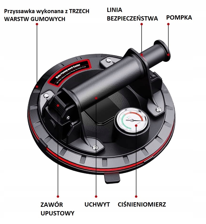 UCHWYT PRZYSSAWKA Z MANOMETREM POMPKĄ DO GRESU PŁYTEK GLAZURY SZYB MANOMETR Marka inna