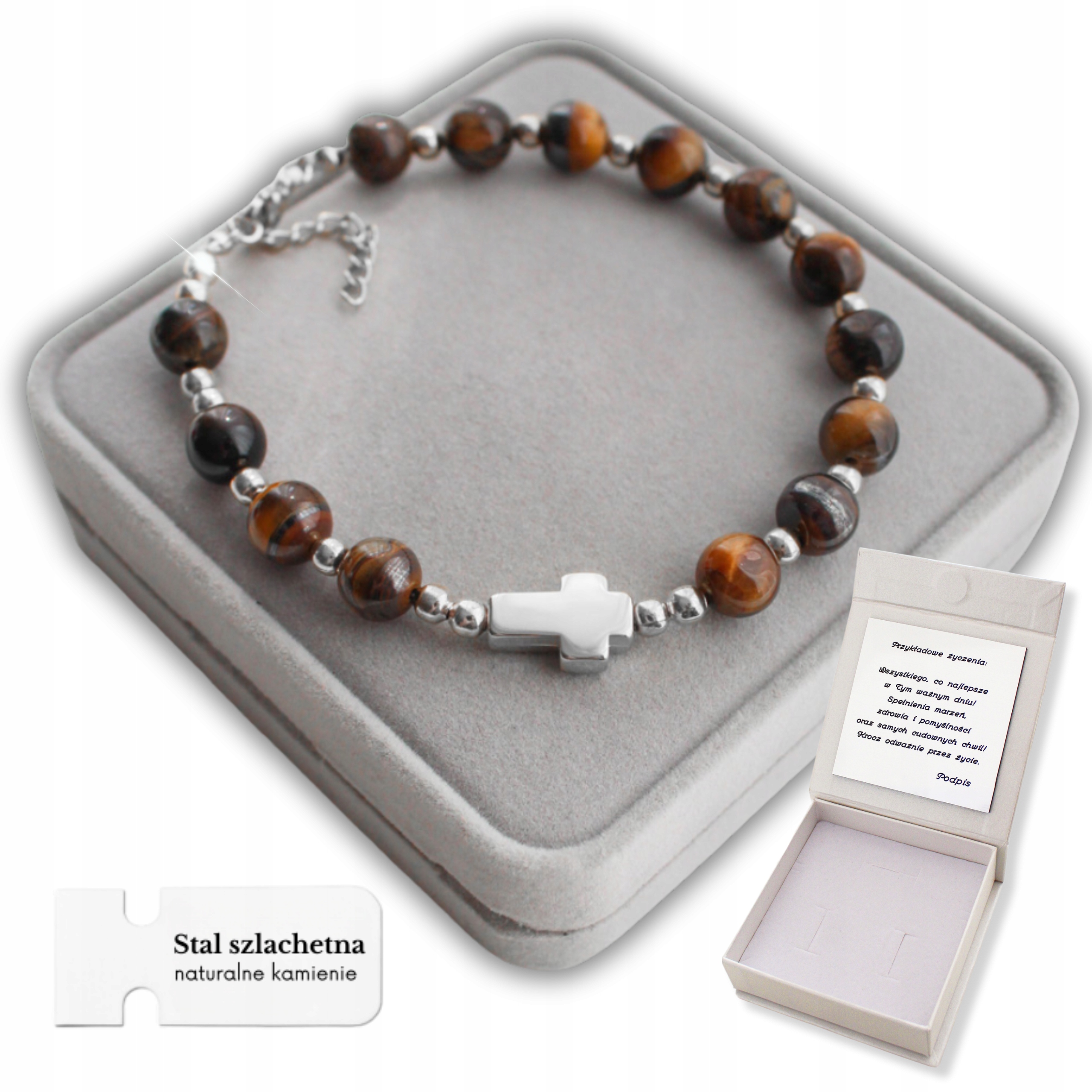 Stříbrný Pánský Náramek Růženec s Kameny Desátek Na Ruku s Křížem