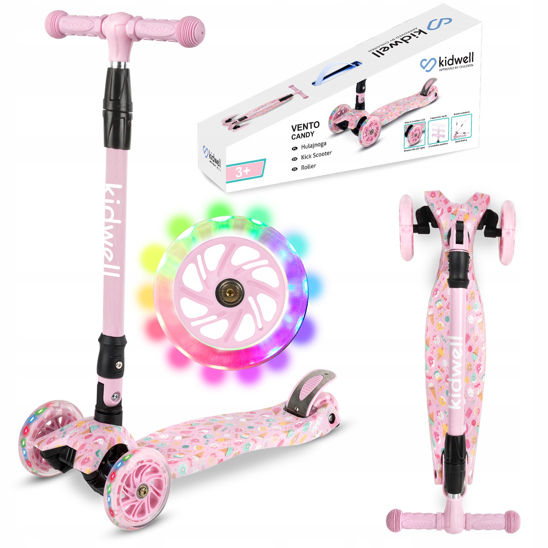 Kidwell Hulajnoga balansowa trójkołowa Vento Candy różowa koła Led